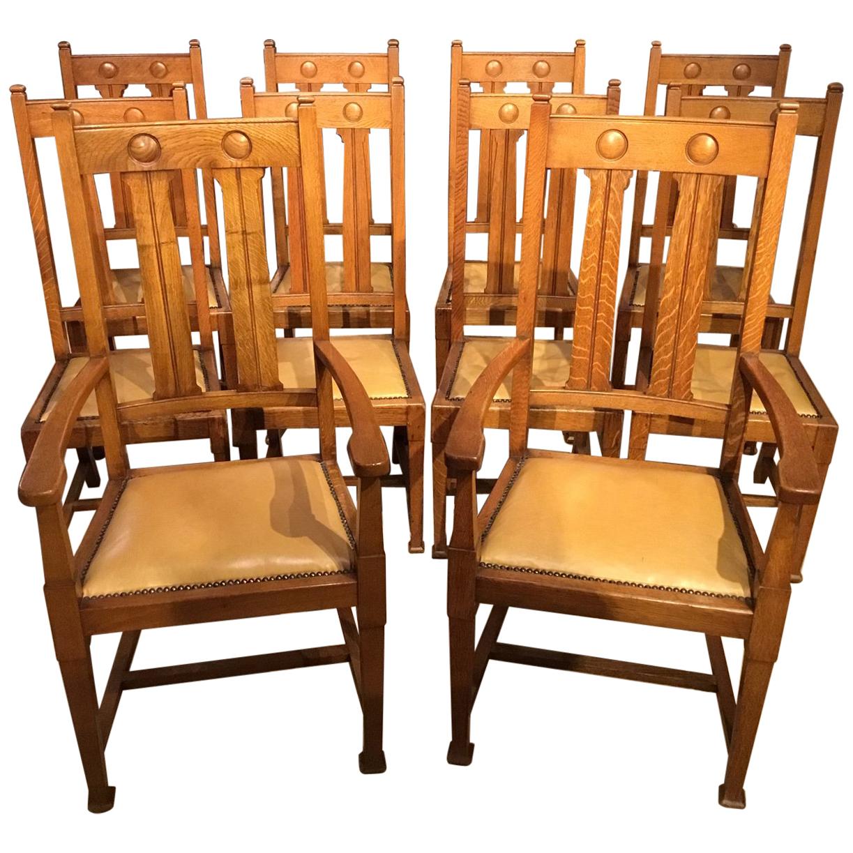 Set of 10 Oak Arts & Crafts Period Dining Chairs by Shapland & Petter