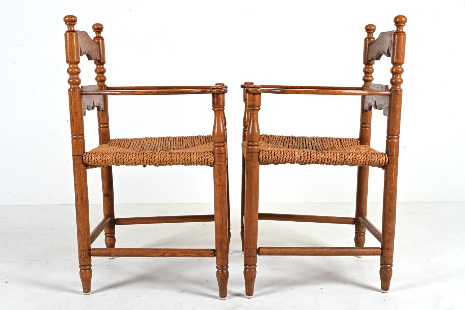 Set of '10' Oak & Papercord Armchairs in the Manner of Charles Dudouyt For Sale 9