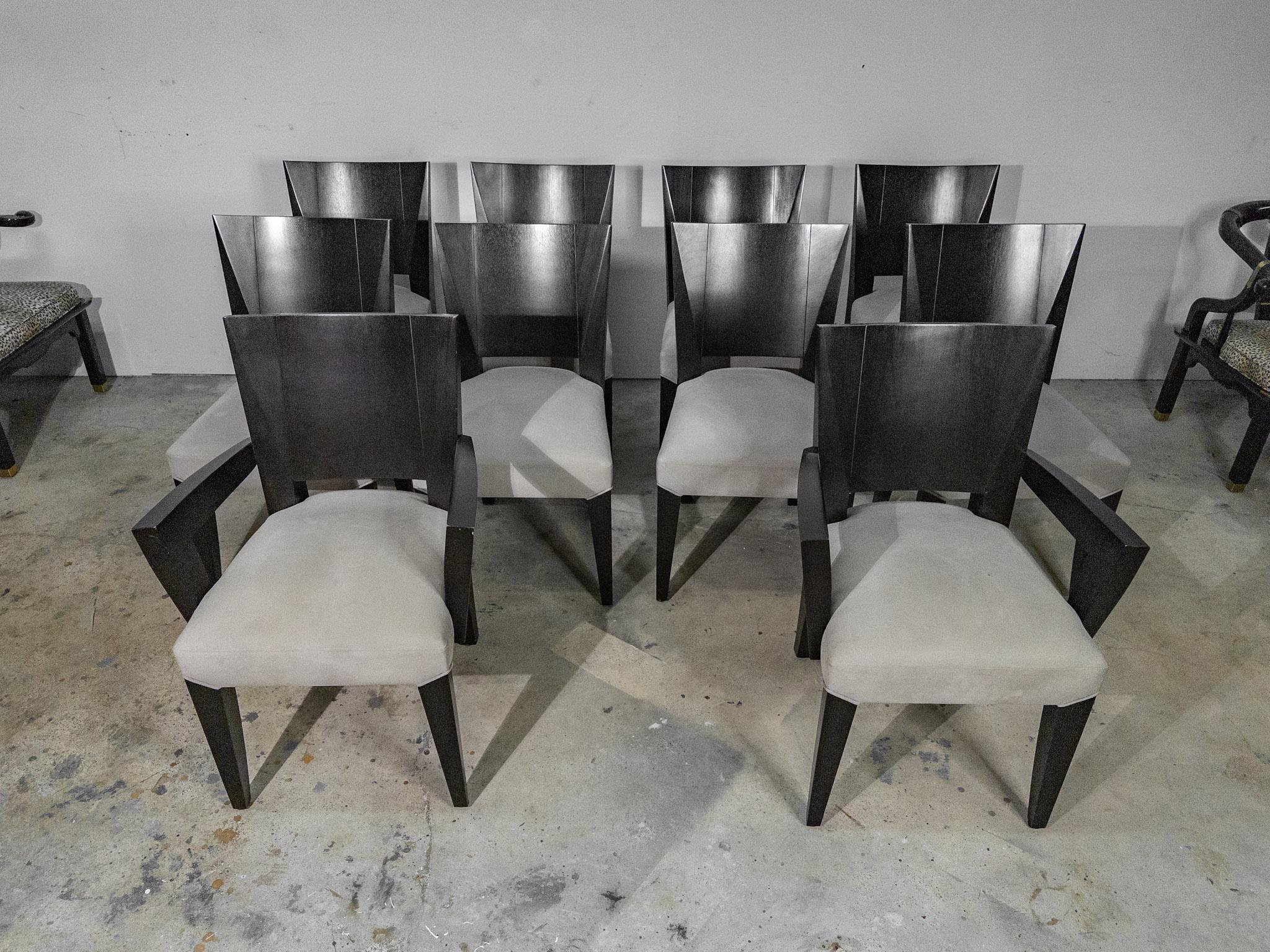 The Set of 10 Ocean Chairs by Dakota Jackson of New York is a stunning embodiment of contemporary luxury and refined craftsmanship. Consisting of two armchairs and eight side chairs, this ensemble offers both comfort and style for elegant dining