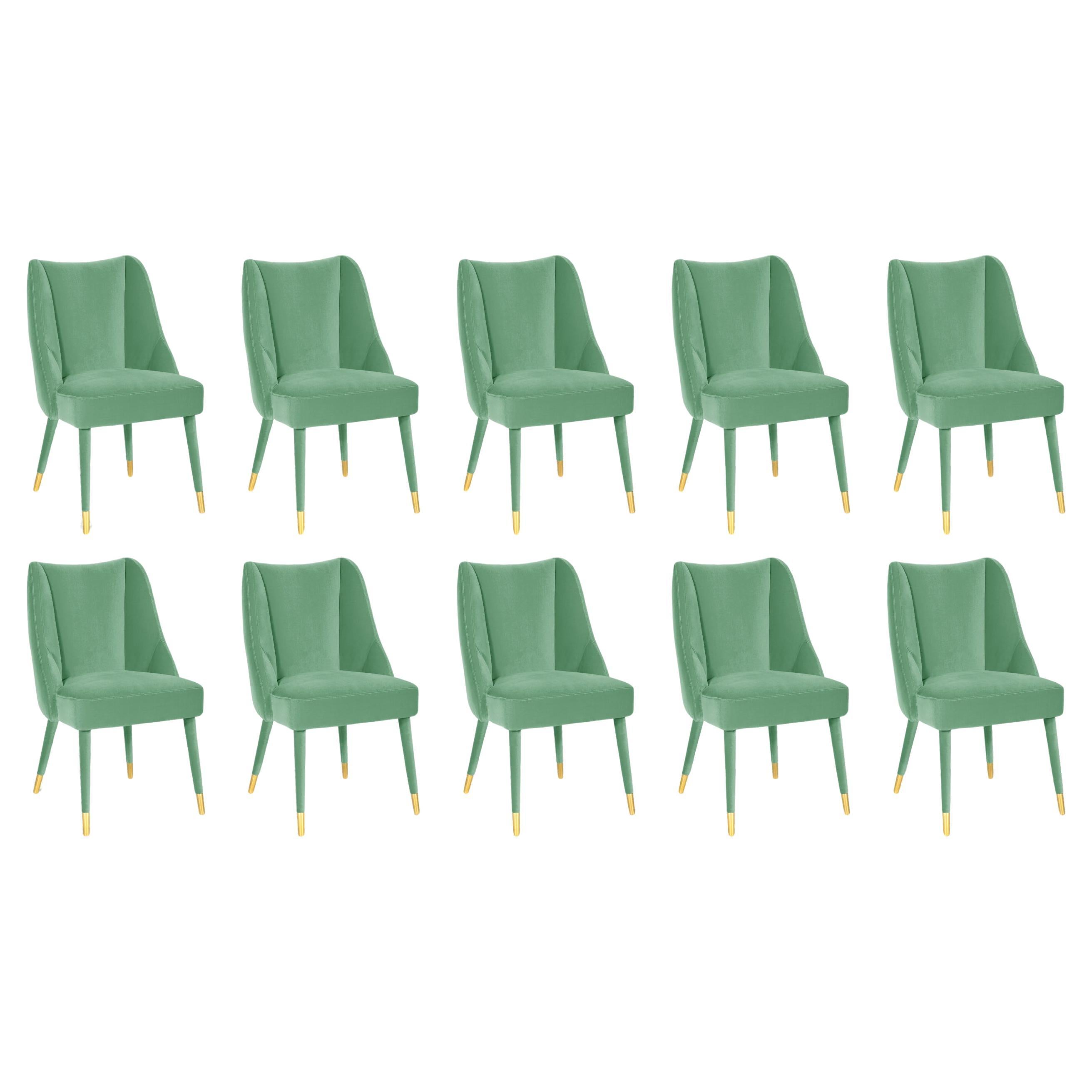 Set of 10 Organic turquoise velvet brass Figueroa dining chair by InsidherLand