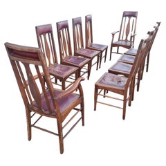 Set of 10  Original Arts & Crafts Movement oak and Leather dining chairs