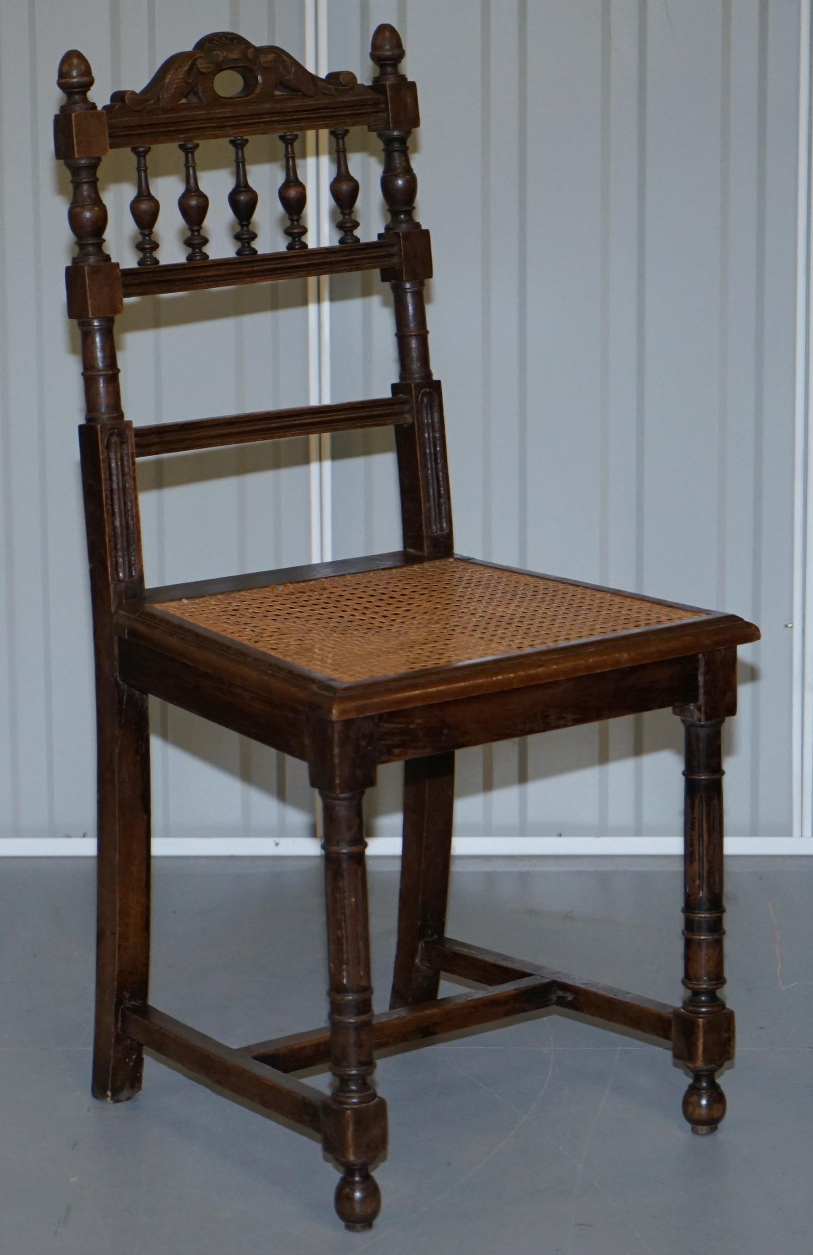 Set of 10 Original Victorian Carved Oak Dining Chairs with Berger Rattan Seats 12