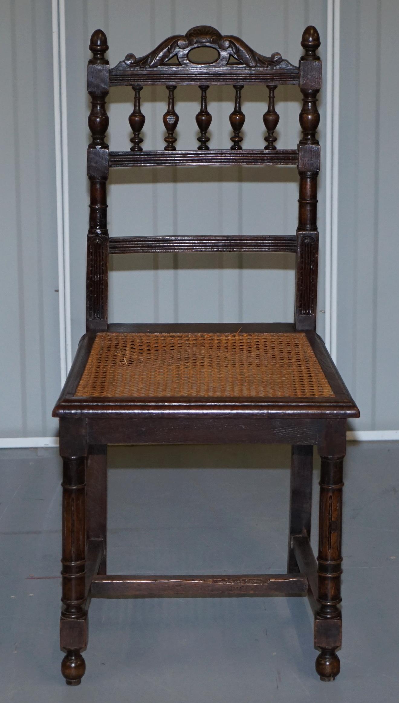 English Set of 10 Original Victorian Carved Oak Dining Chairs with Berger Rattan Seats