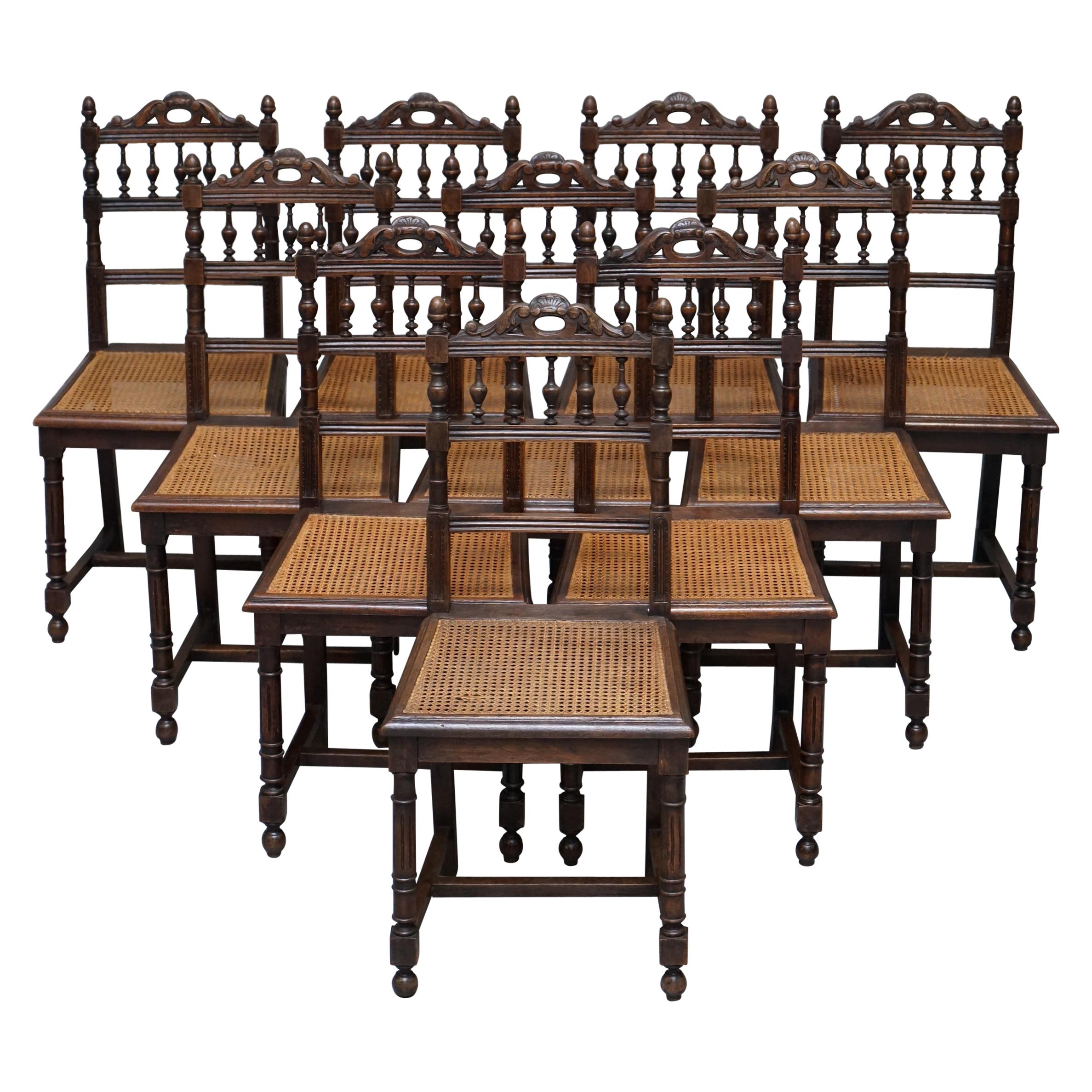Set of 10 Original Victorian Carved Oak Dining Chairs with Berger Rattan Seats