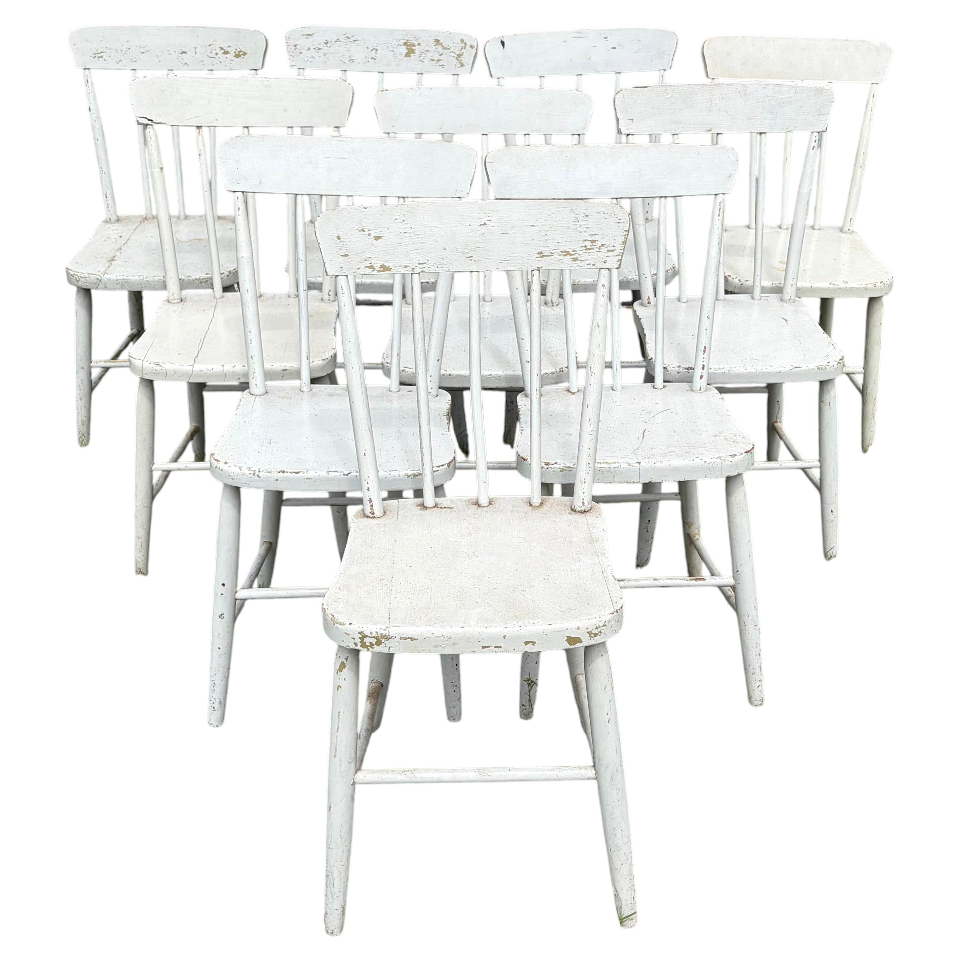Set of 10 Painted Plank Seat Grange Chairs from Maine For Sale