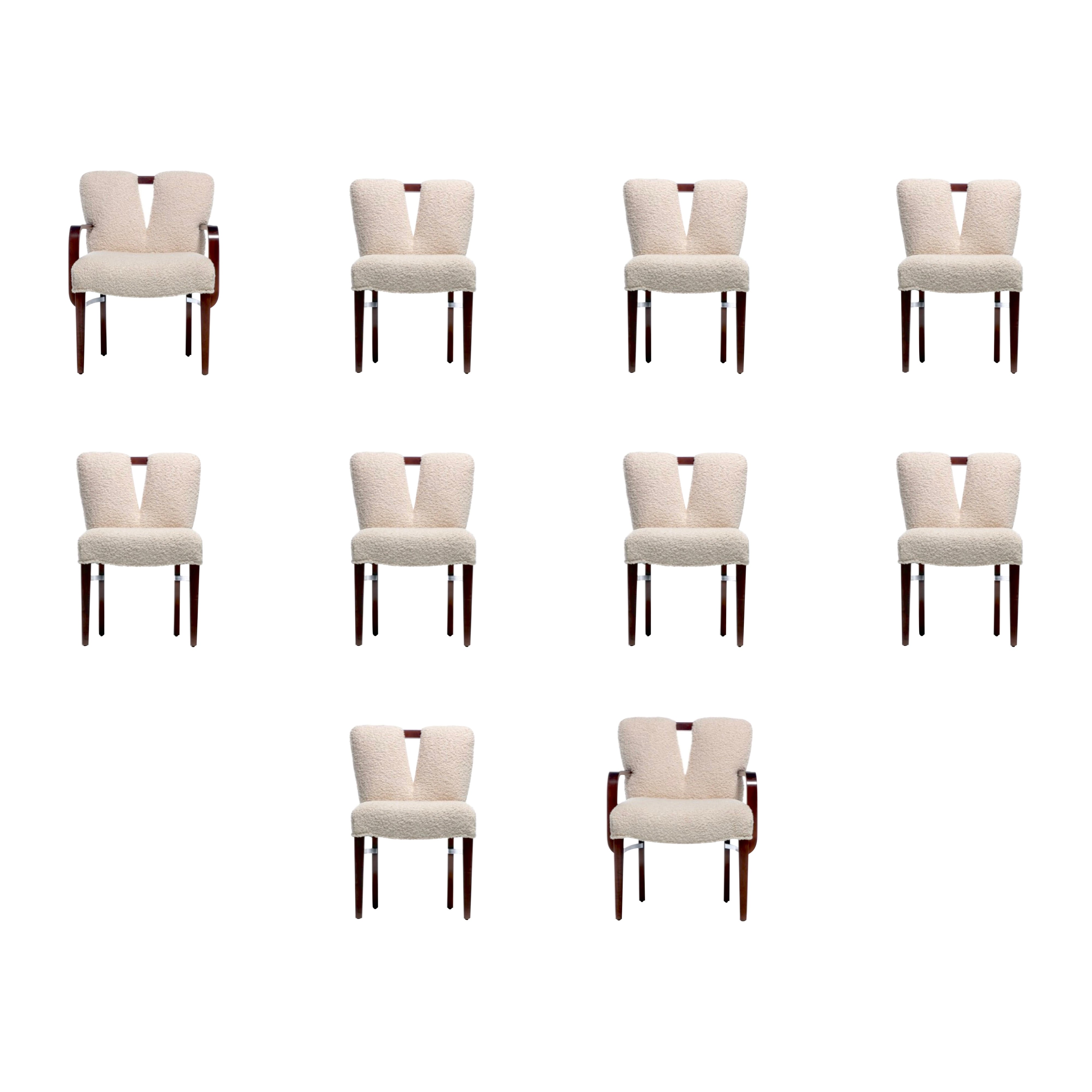 Set of 10 Paul Frankl Corset Back Dining Chairs in Ivory White Bouclé, c. 1950s