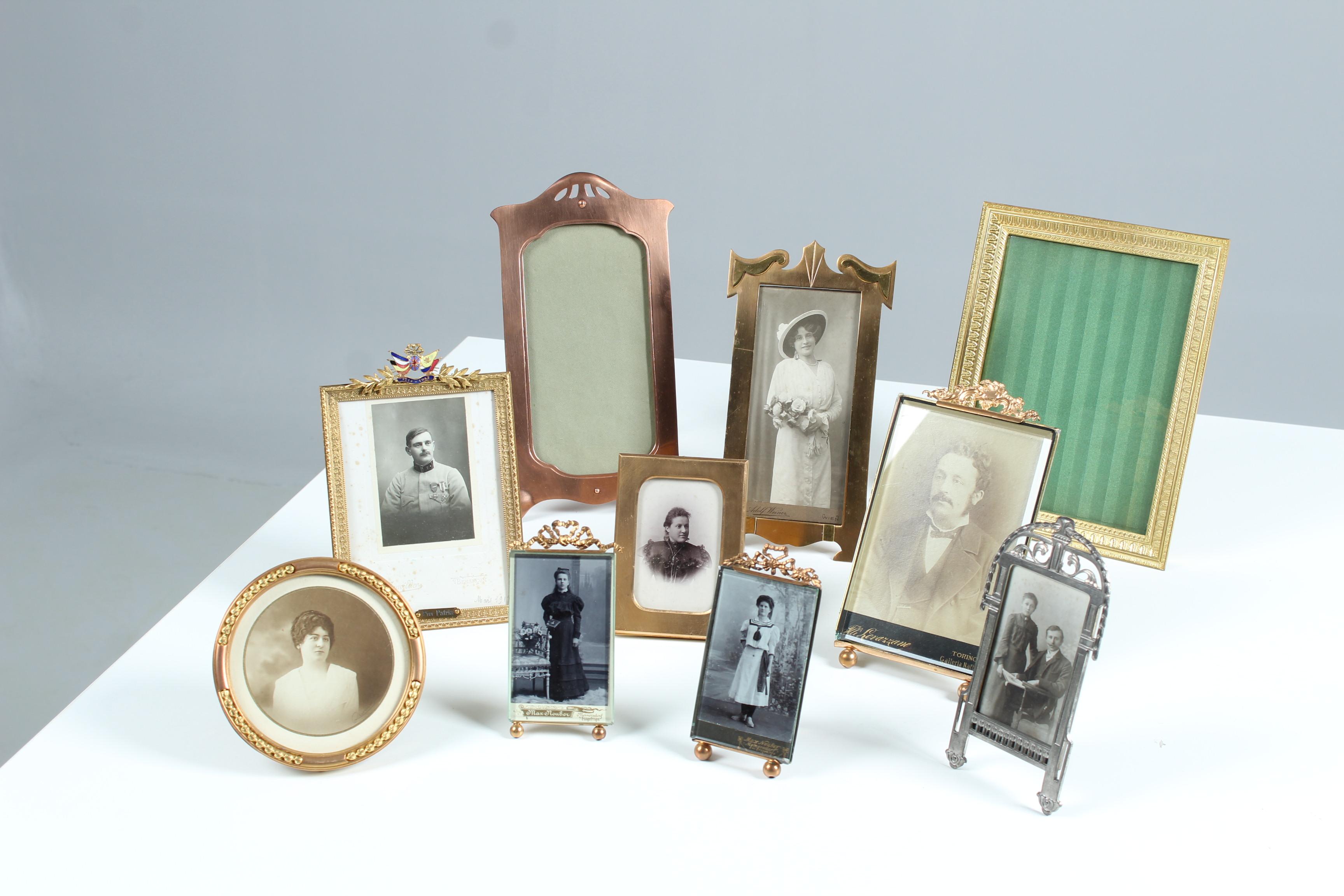 Wonderful set of 10 photo frames from the late 19th and early 20th century. Fantastic frames of Art Nouveau, Art Deco and Neoclassical style. 
All frames and also the glasses are very well preserved, without damage and have been lovingly cleaned and