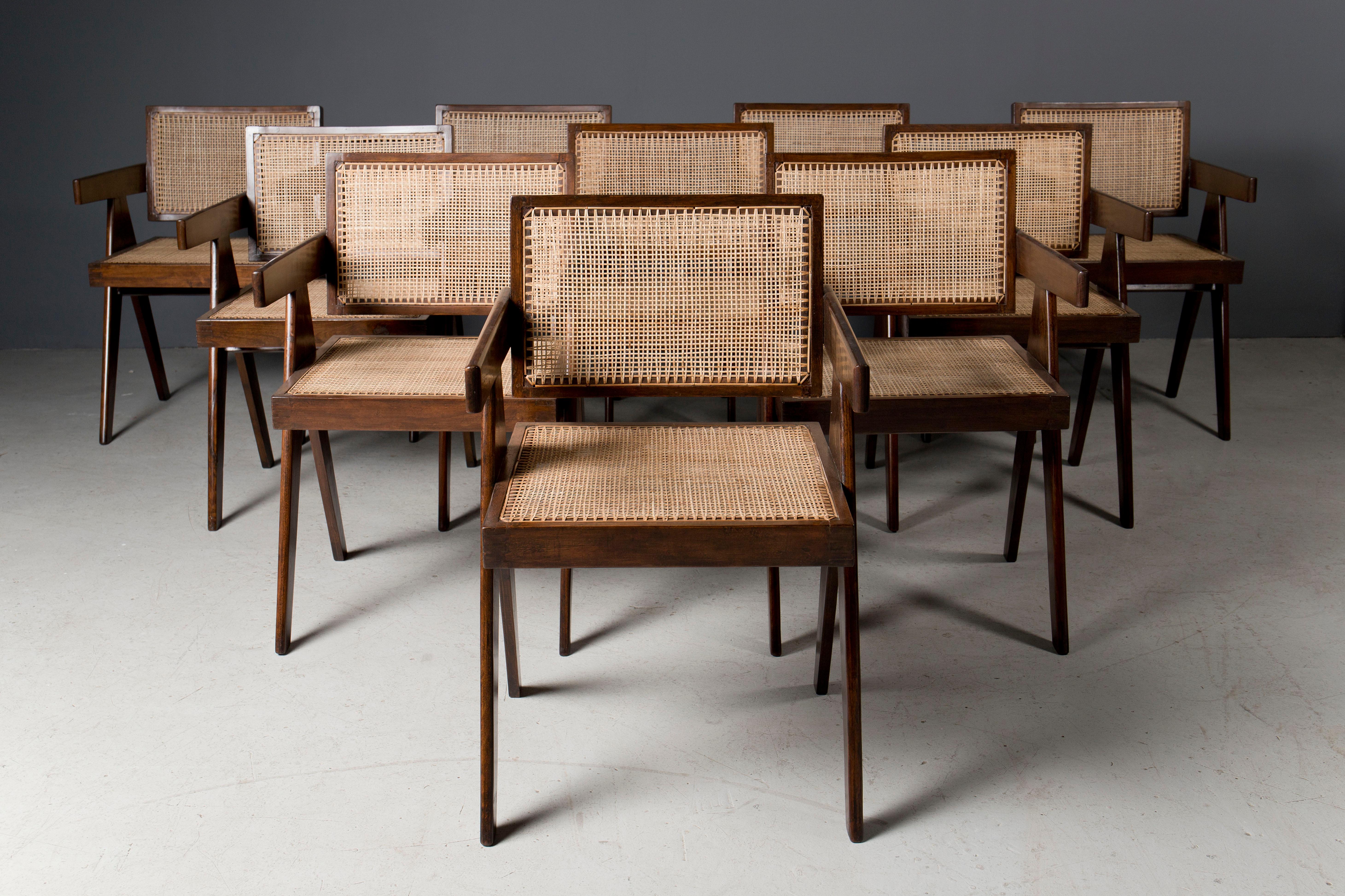 Rare set of 10 Pierre Jeanneret floating back office chair with excellent patina. 
All the chairs in this set have markings. 
 
