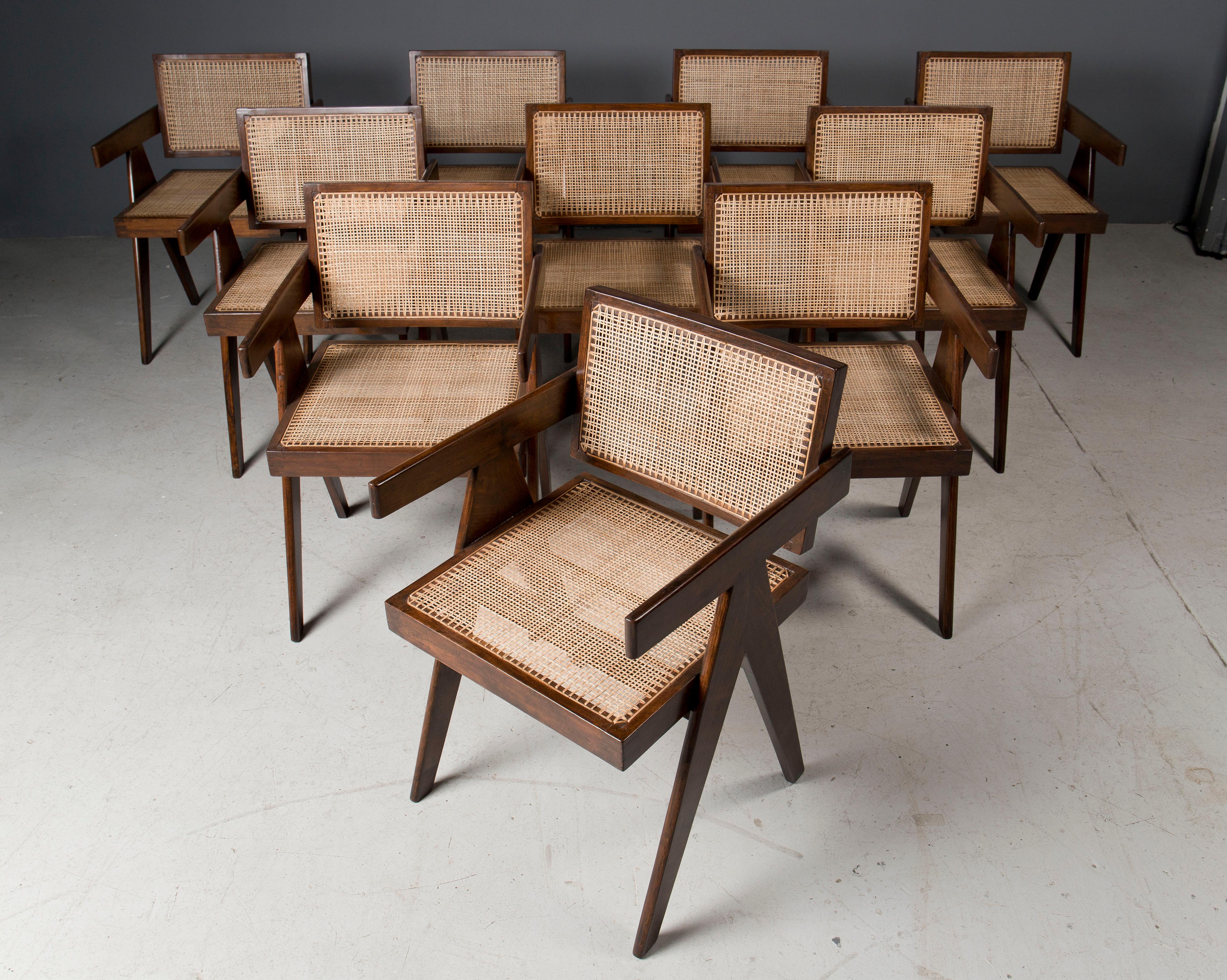 Indian Set of 10 Pierre Jeanneret Floating Back Office Chair, 1950s
