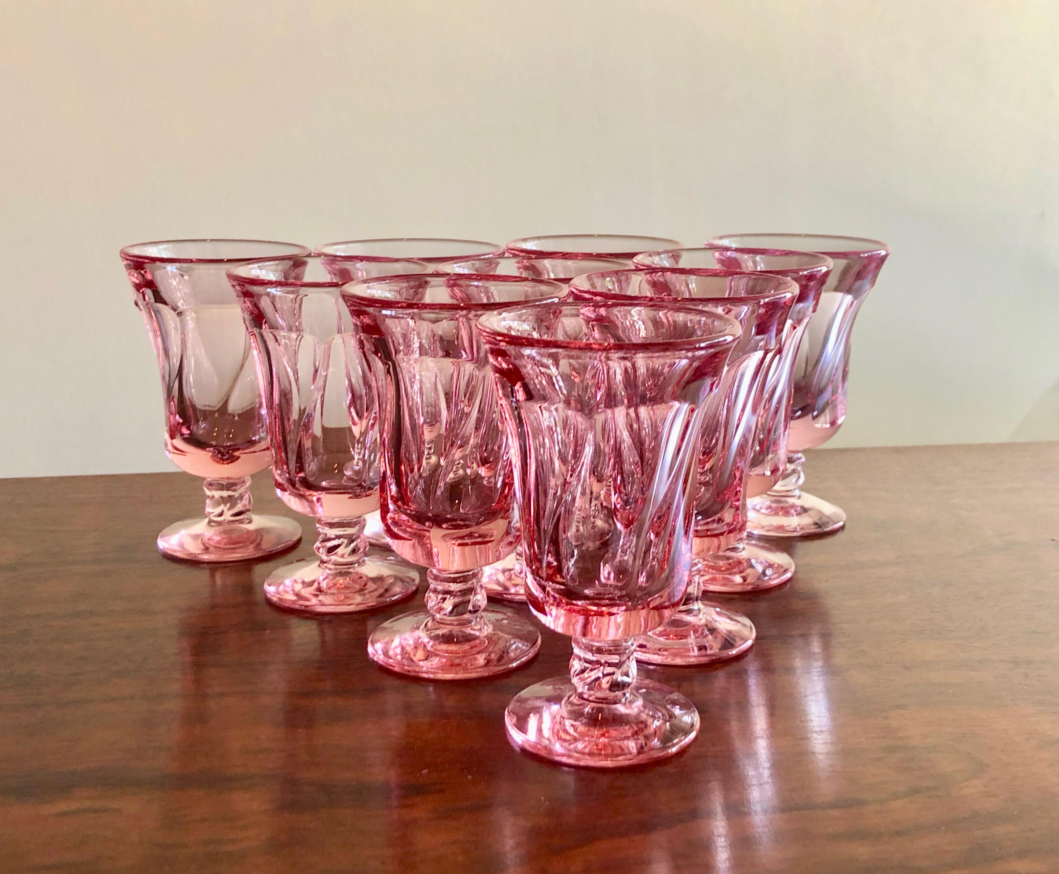 Set of 10 pink Fostoria juice glasses. 2 sets available.