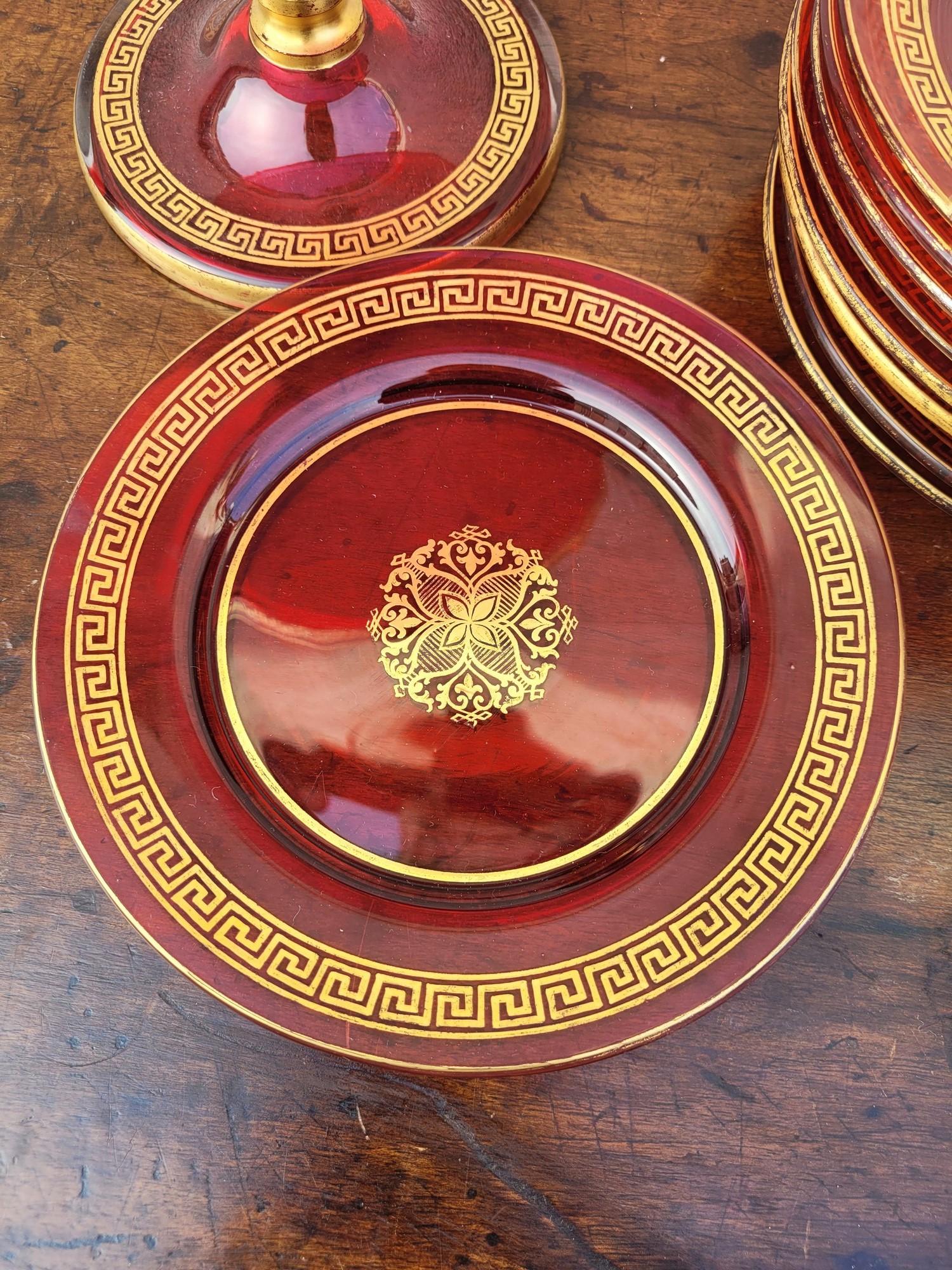 European Set Of 10 Plates And 2 Fruit Bowls In Ruby Glass, Late 19th Century For Sale