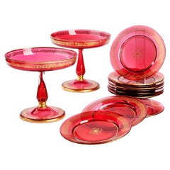 Set Of 10 Plates And 2 Fruit Bowls In Ruby Glass, Late 19th Century