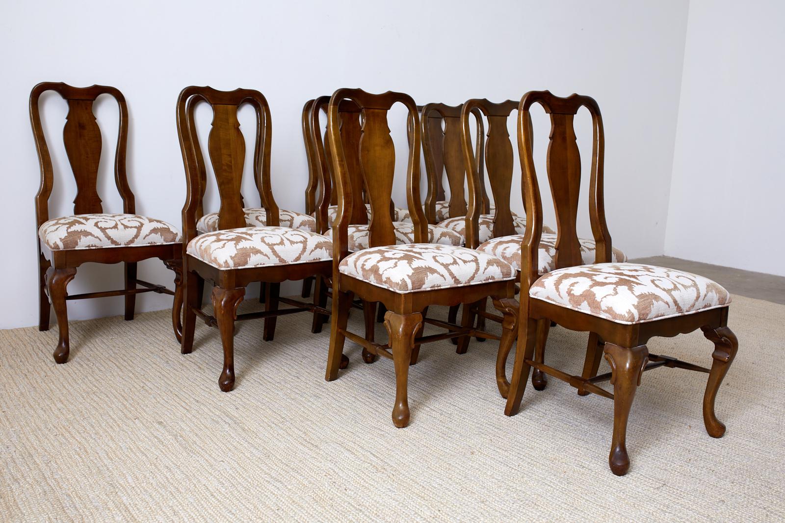 Fabric Set of Ten Queen Anne Style Mahogany Dining Chairs
