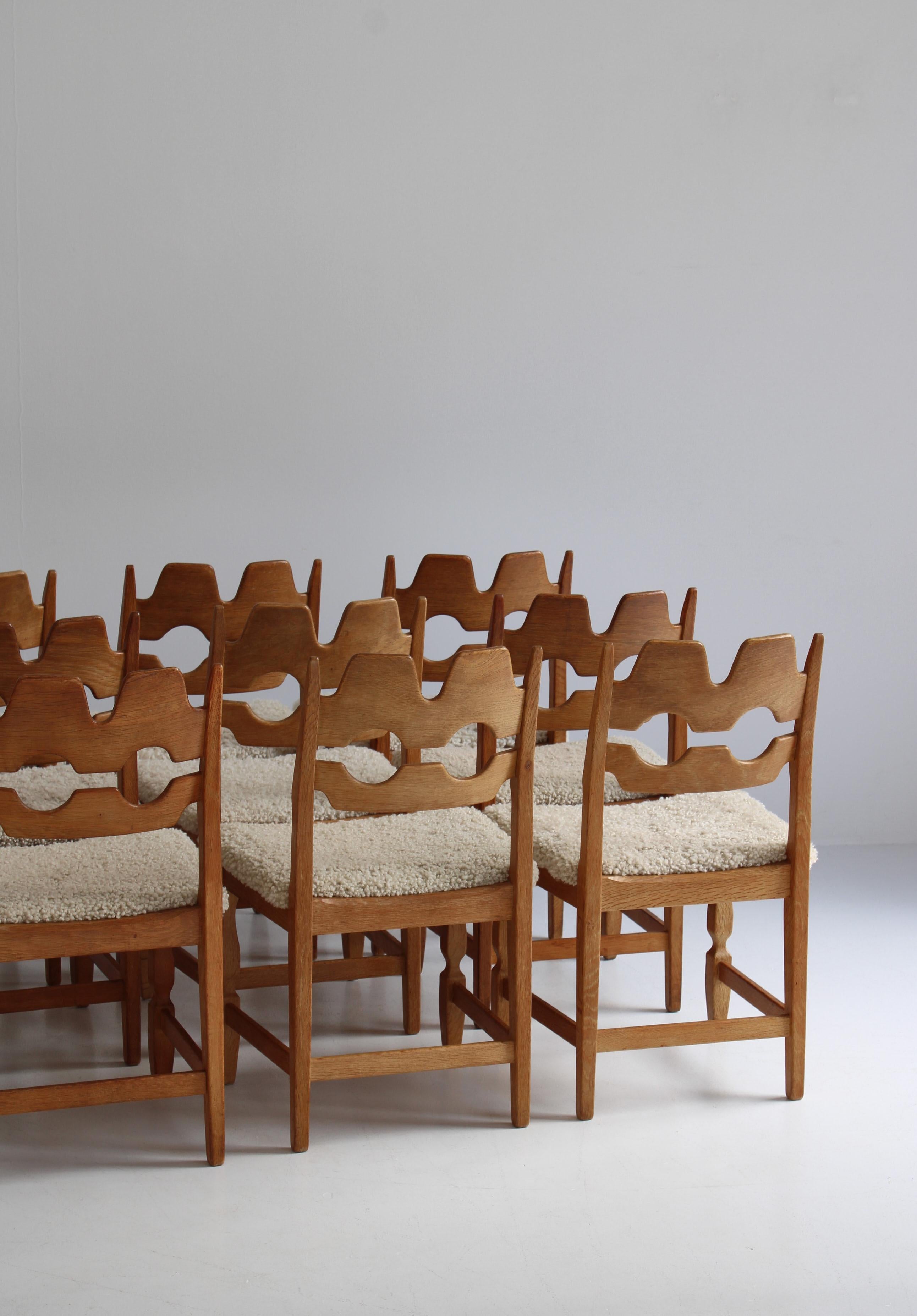 Set of 10 Razor Blade Dining Chairs by Henry Kjærnulf, Sheepskin & Oak, Denmark 5