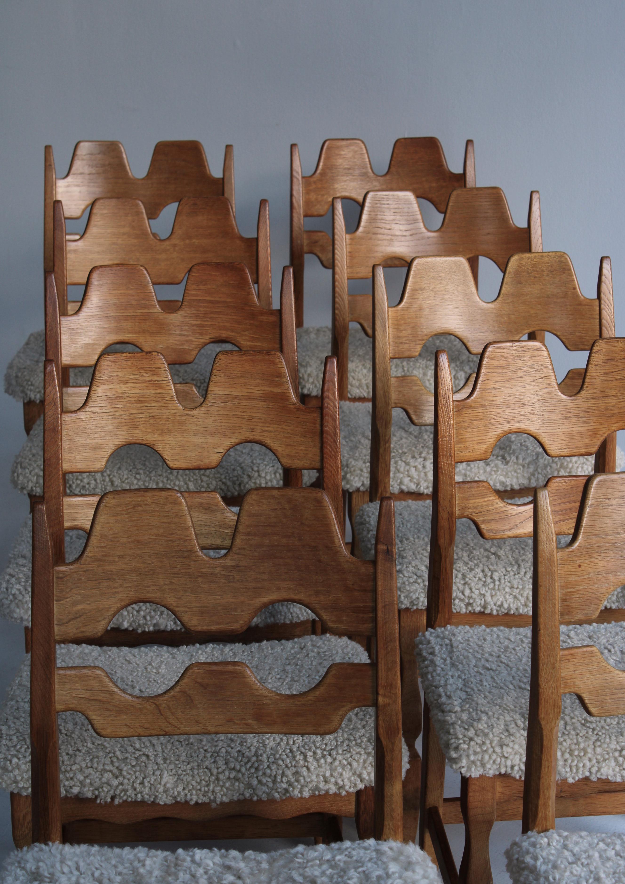 Set of 10 Razor Blade Dining Chairs by Henry Kjærnulf, Sheepskin & Oak, Denmark 9