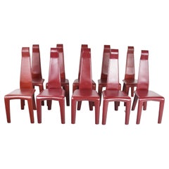 Set of 10 Red Leather Dining Chairs, 1970s