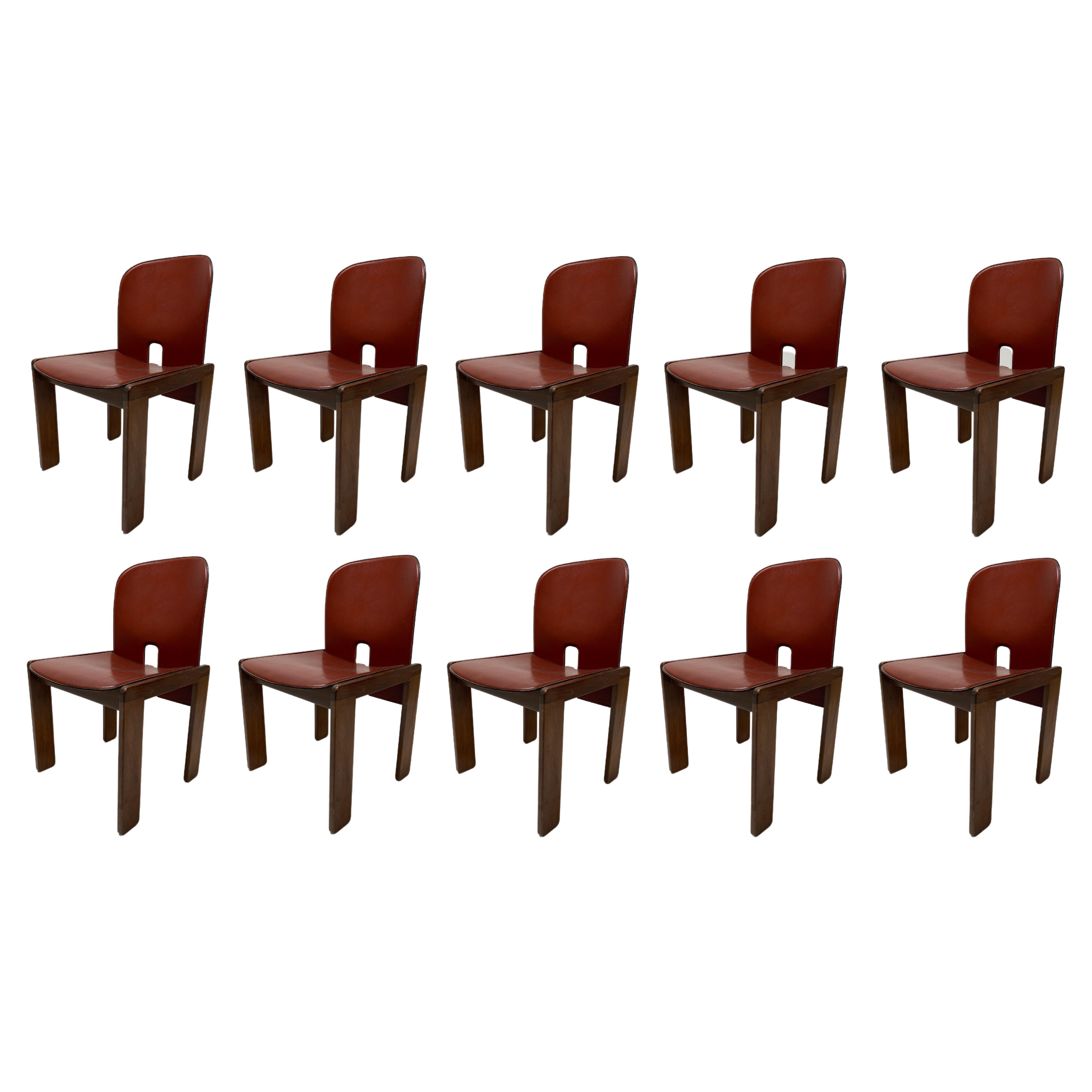 Set of 10 Red Lether 121 Chairs, Afra & Tobia Scarpa, Cassina, Italy, 1967
