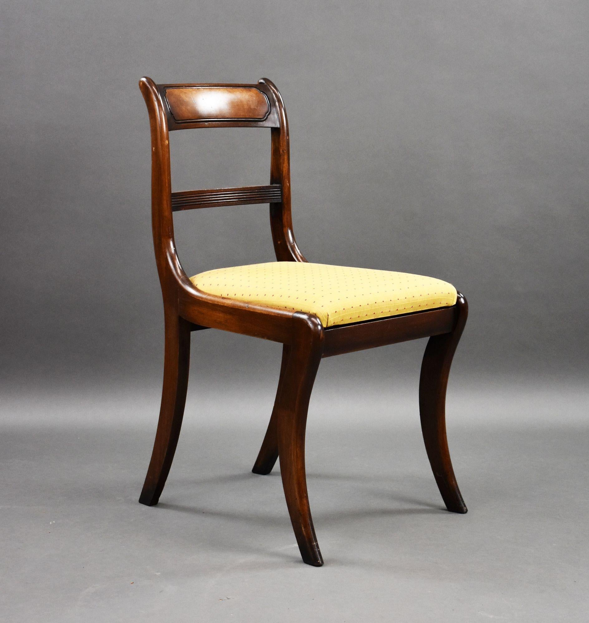 For sale is a good quality set of 10 Regency style mahogany dining chairs, having drop in seats and saber legs, each chair is structurally sound and remains in very good condition. Attributed to Bretts of Norwich.

Width: 46cm Depth: 53cm Height: