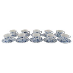 Vintage Set of 10 Royal Copenhagen Blue Fluted Plain Espresso/ Mocha Cups with Saucers