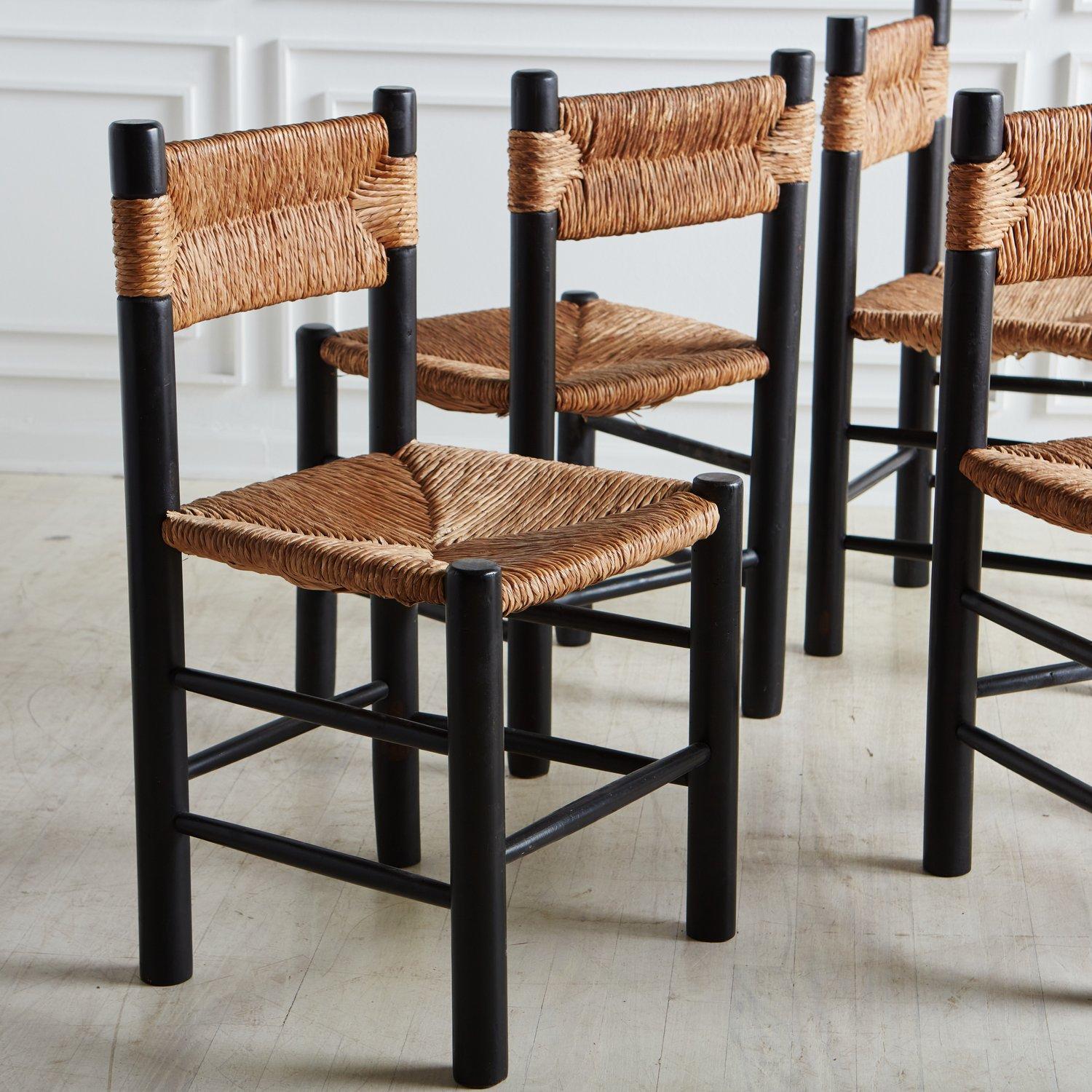 Set of 10 Rush + Black Wood Dining Chairs in the Style of Charlotte Perriand  For Sale 2