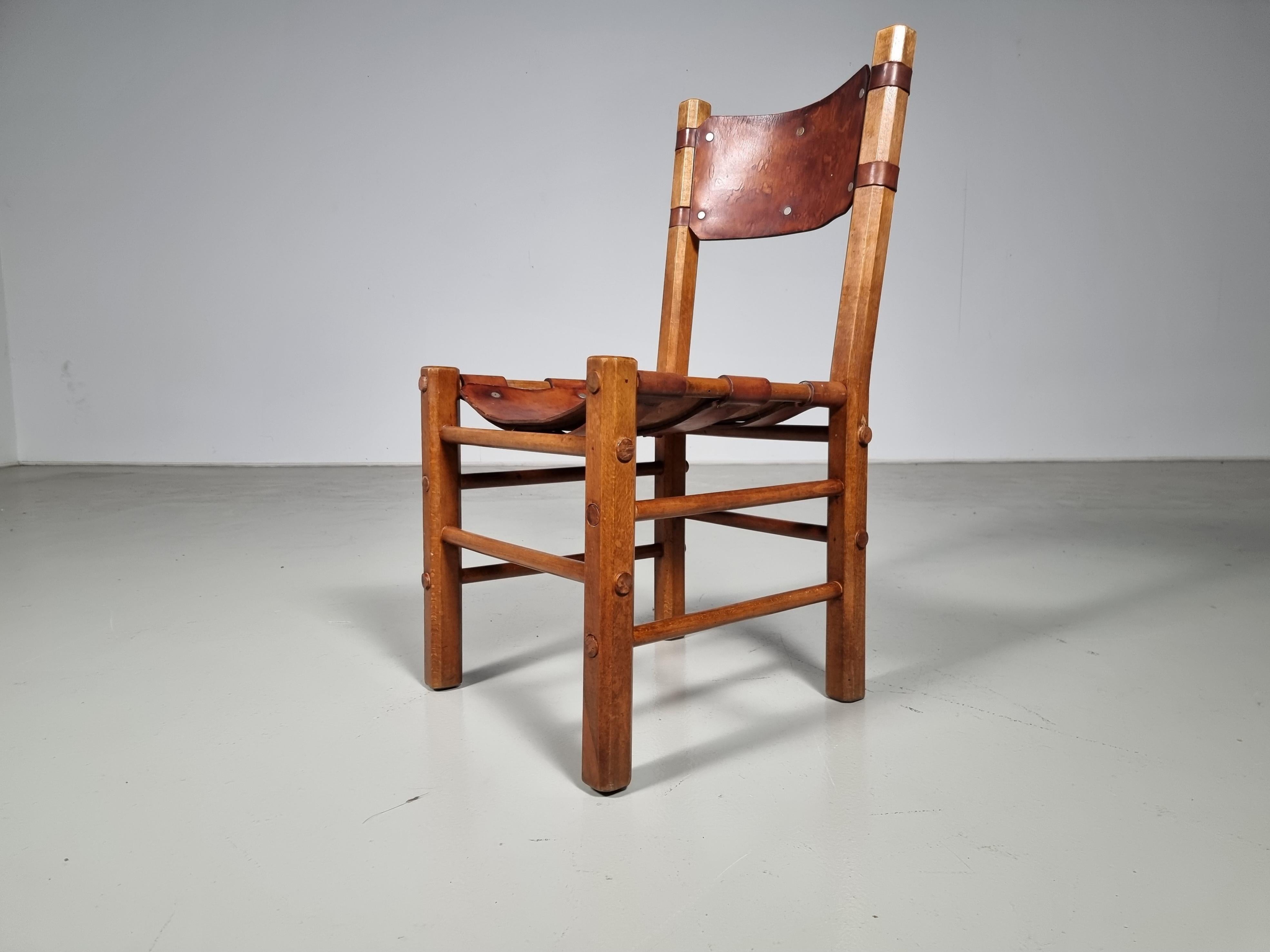 Set of 10 Rustic Dining Chairs in Beech Wood and Leather, 1960s 4