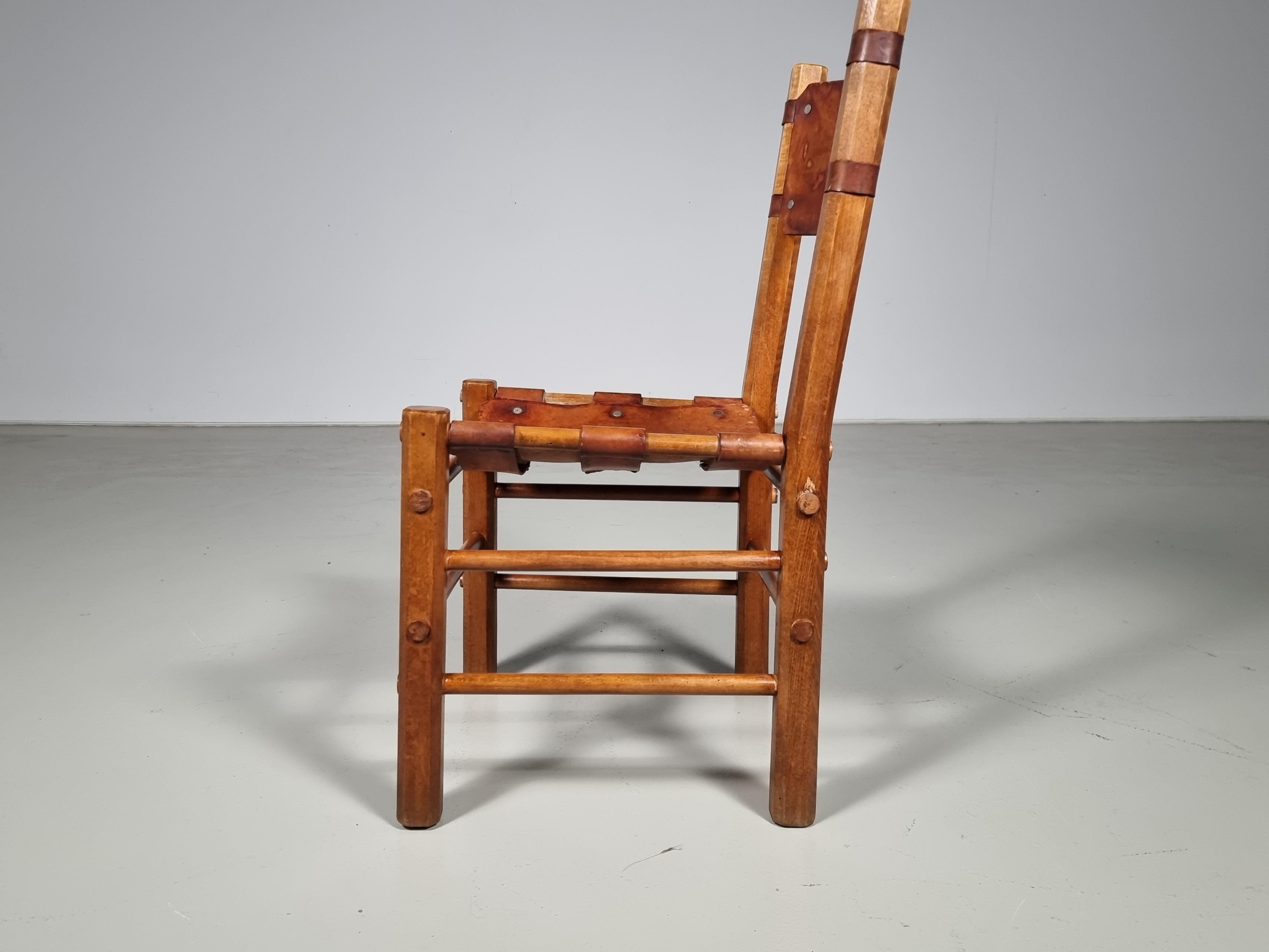 Set of 10 Rustic Dining Chairs in Beech Wood and Leather, 1960s 10