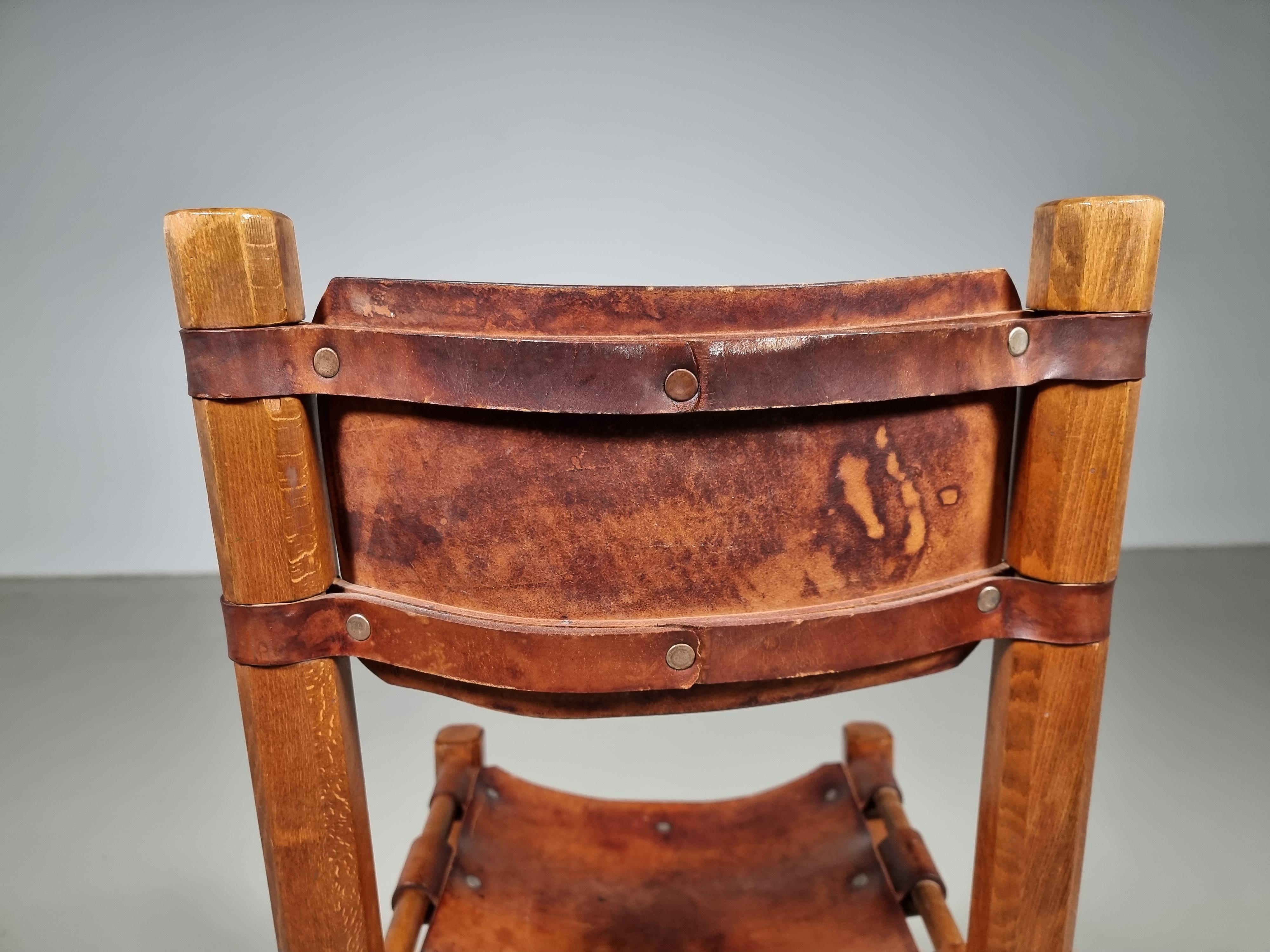 Set of 10 Rustic Dining Chairs in Beech Wood and Leather, 1960s 12