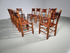 Set of 10 Rustic Dining Chairs in Beech Wood and Leather, 1960s