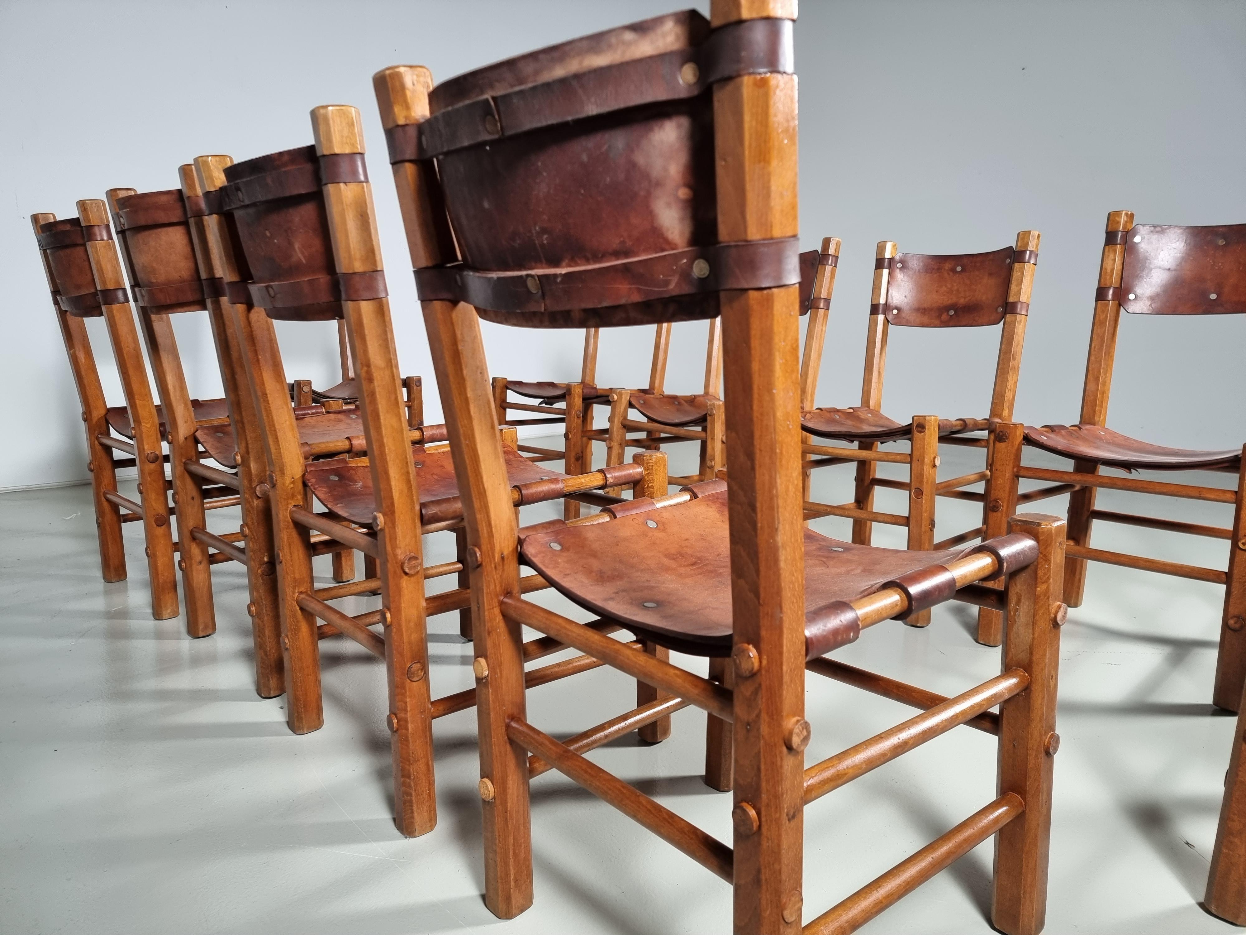 Mid-Century Modern Set of 10 Rustic Dining Chairs in Beech Wood and Leather, 1960s