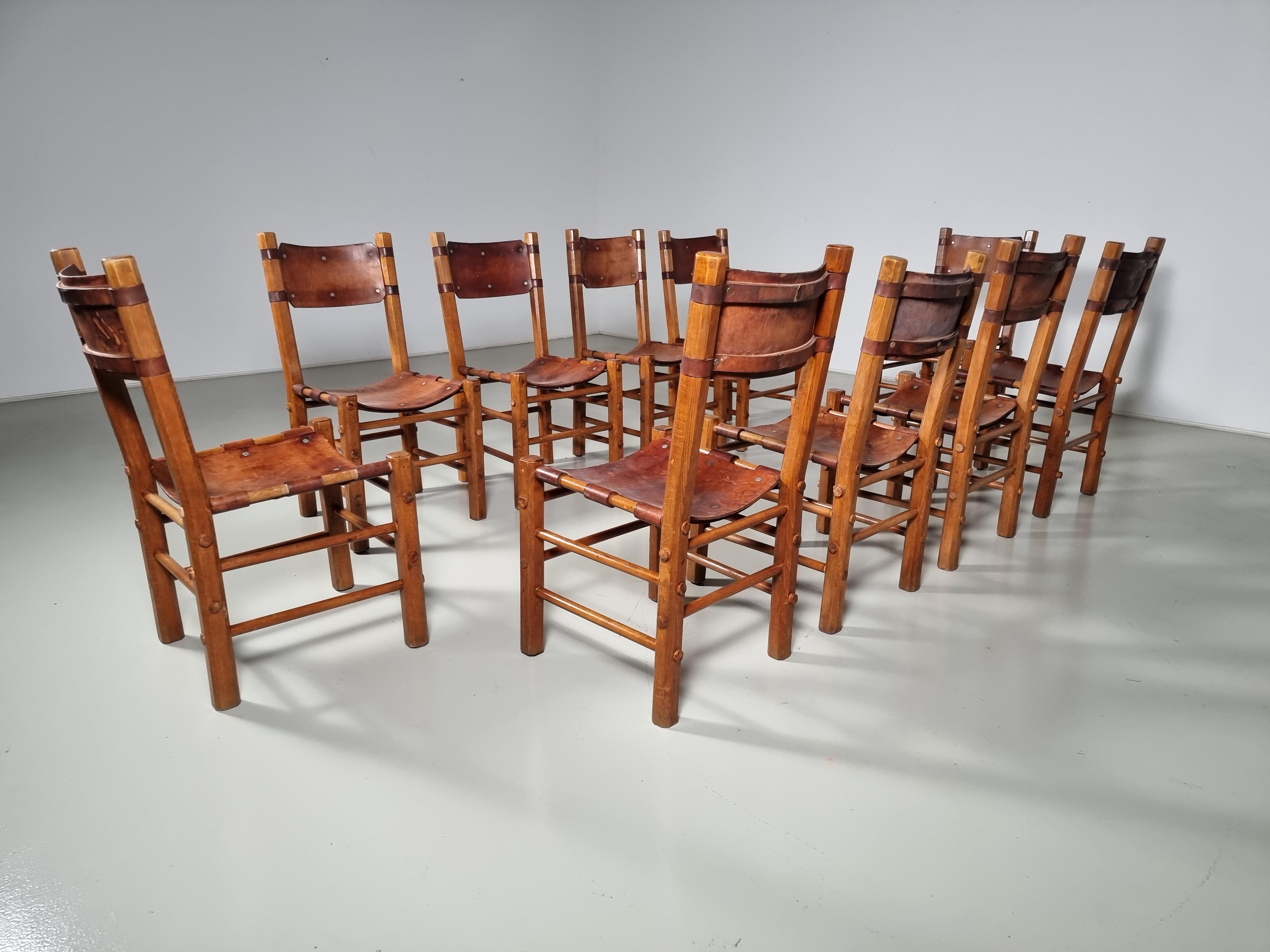 European Set of 10 Rustic Dining Chairs in Beech Wood and Leather, 1960s