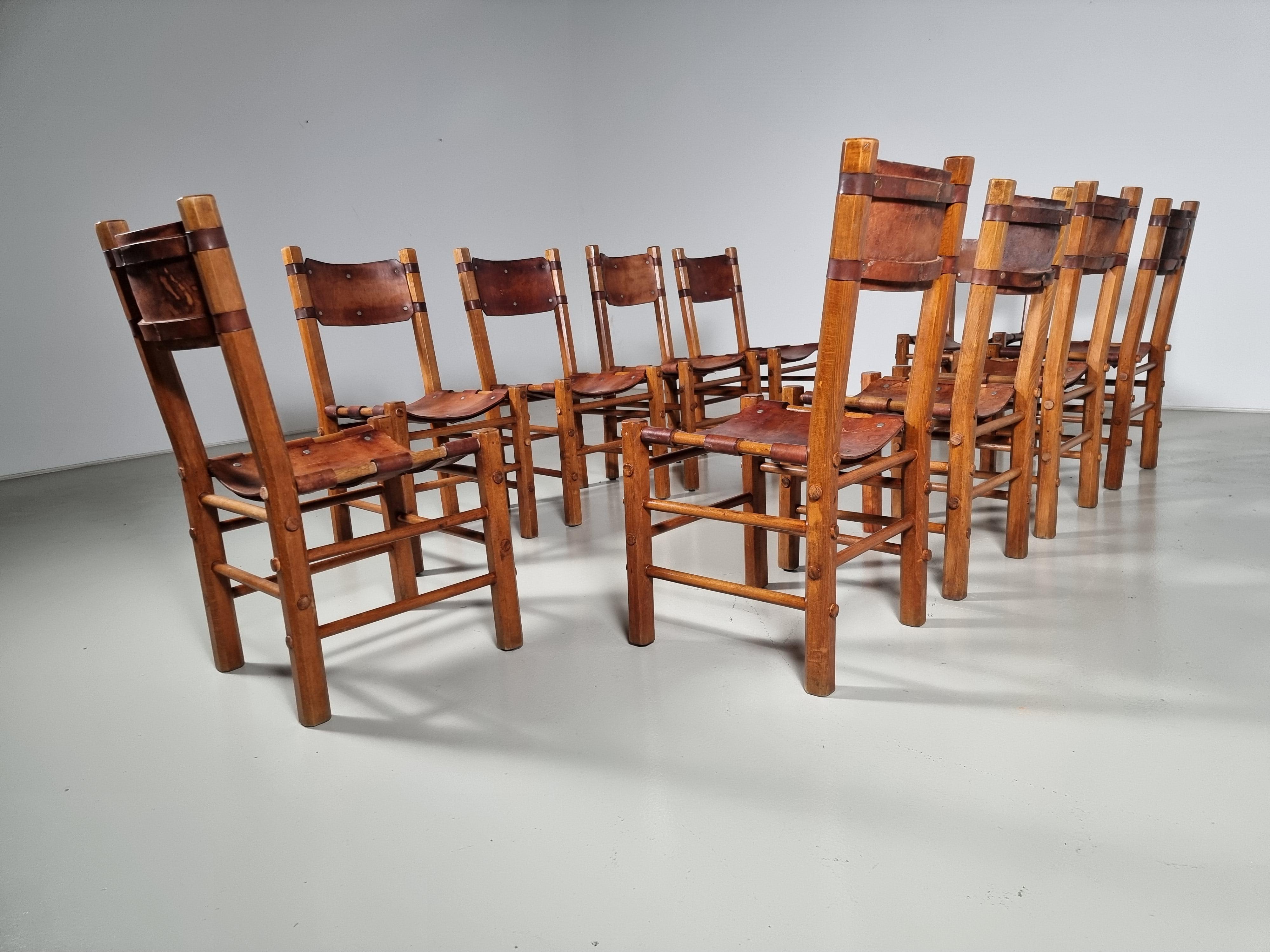 Mid-20th Century Set of 10 Rustic Dining Chairs in Beech Wood and Leather, 1960s