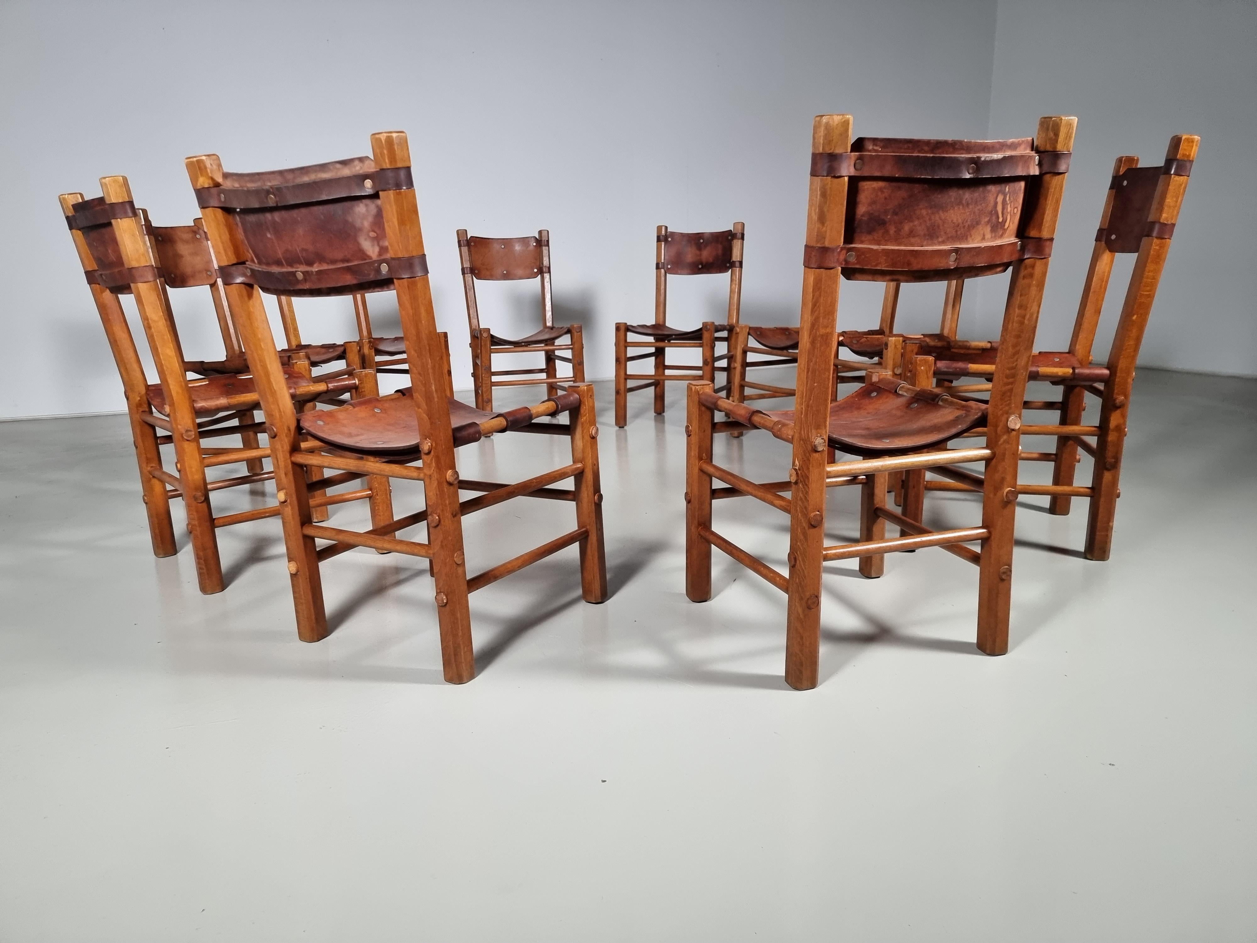 Set of 10 Rustic Dining Chairs in Beech Wood and Leather, 1960s 1