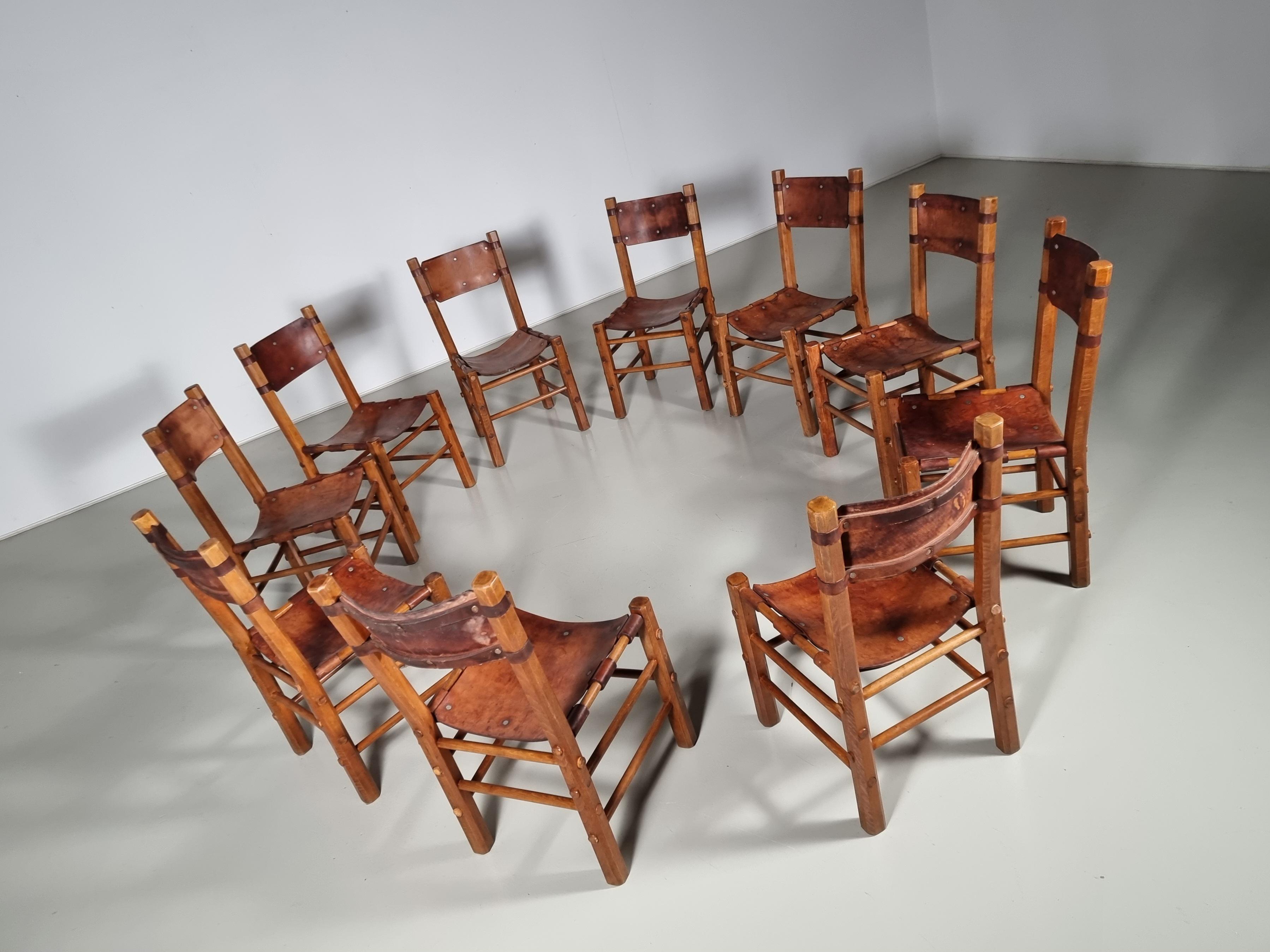 Set of 10 Rustic Dining Chairs in Beech Wood and Leather, 1960s 2