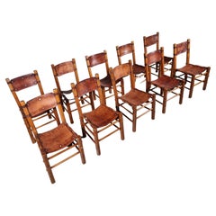Set of 10 Rustic Dining Chairs in Beech Wood and Leather, 1960s