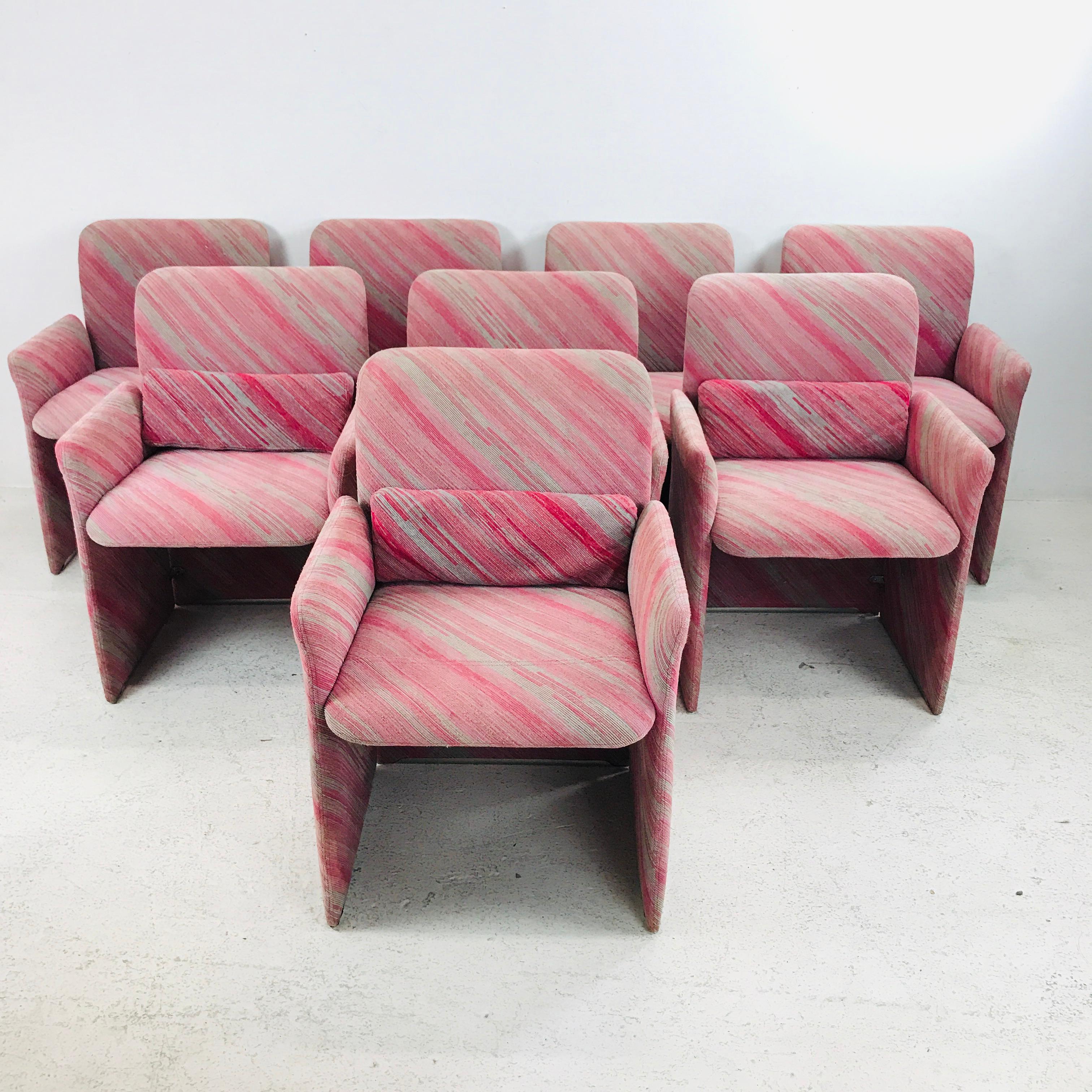Stunning set of 10 1980s Saporiti dining chairs in Missoni fabric upholstery.