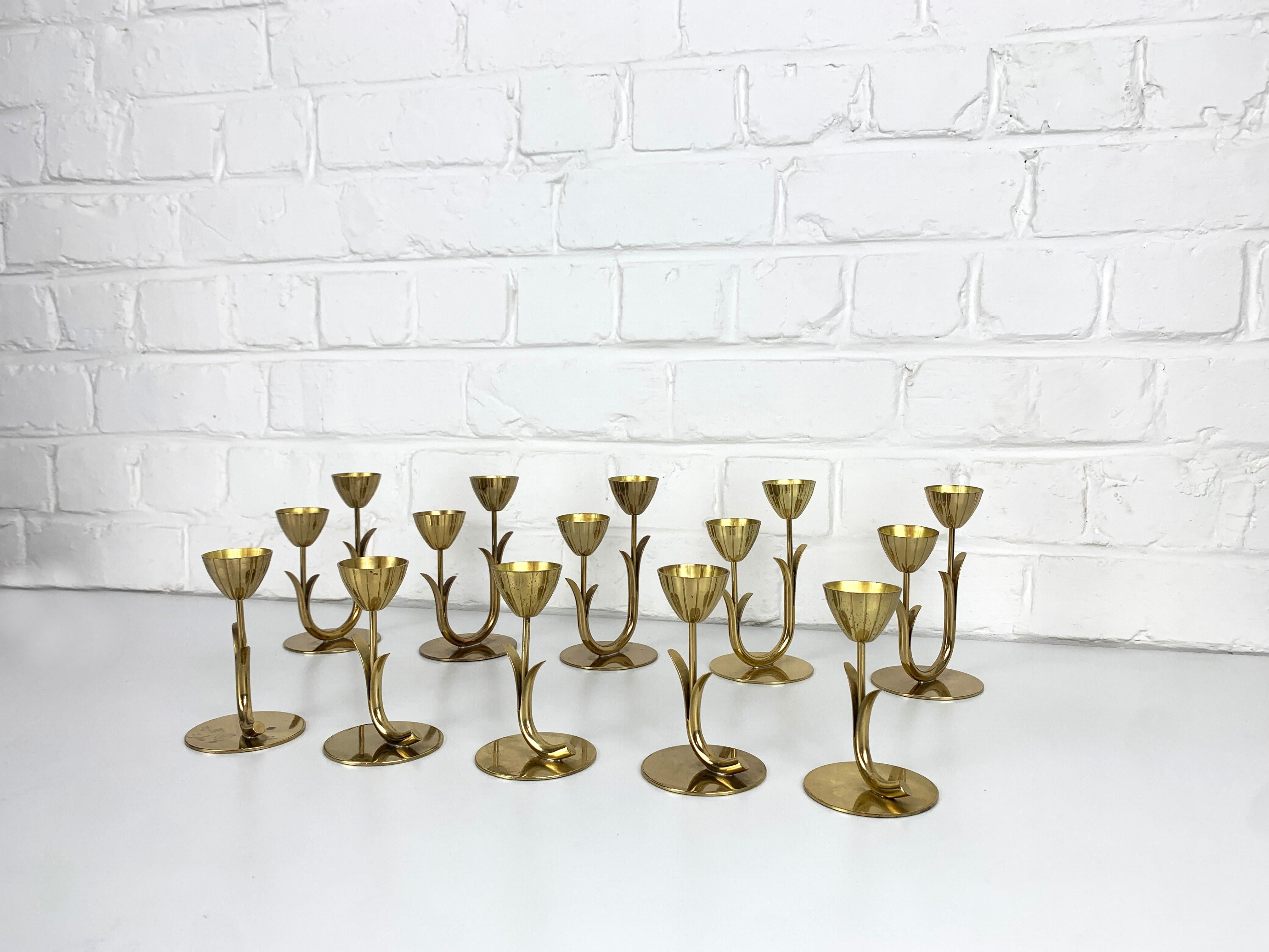 Scandinavian Modern Set of 10 Brass Scandinavian Candlesticks, Gunnar Ander Ystad Metall Sweden 1950 For Sale