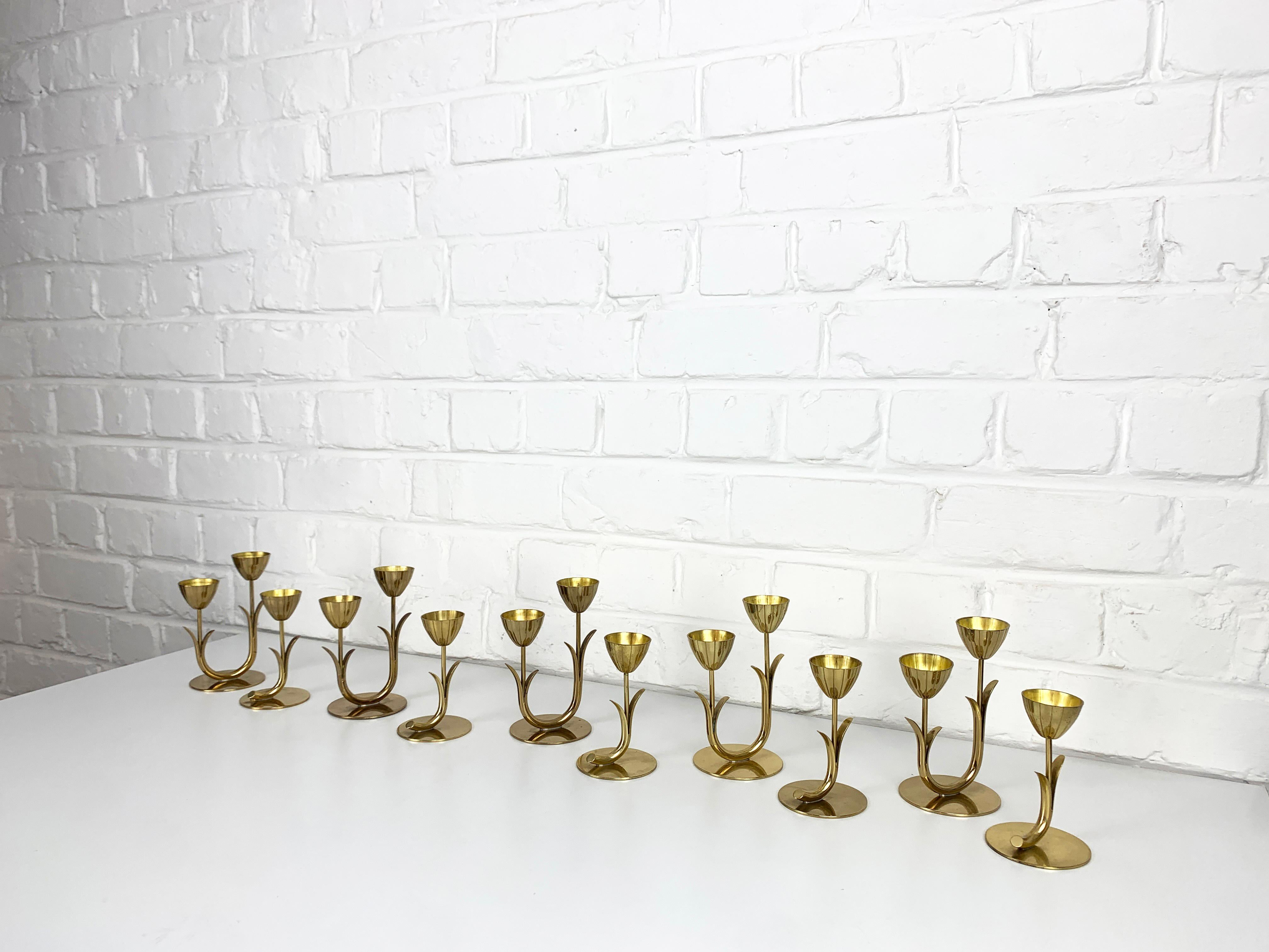 20th Century Set of 10 Brass Scandinavian Candlesticks, Gunnar Ander Ystad Metall Sweden 1950 For Sale