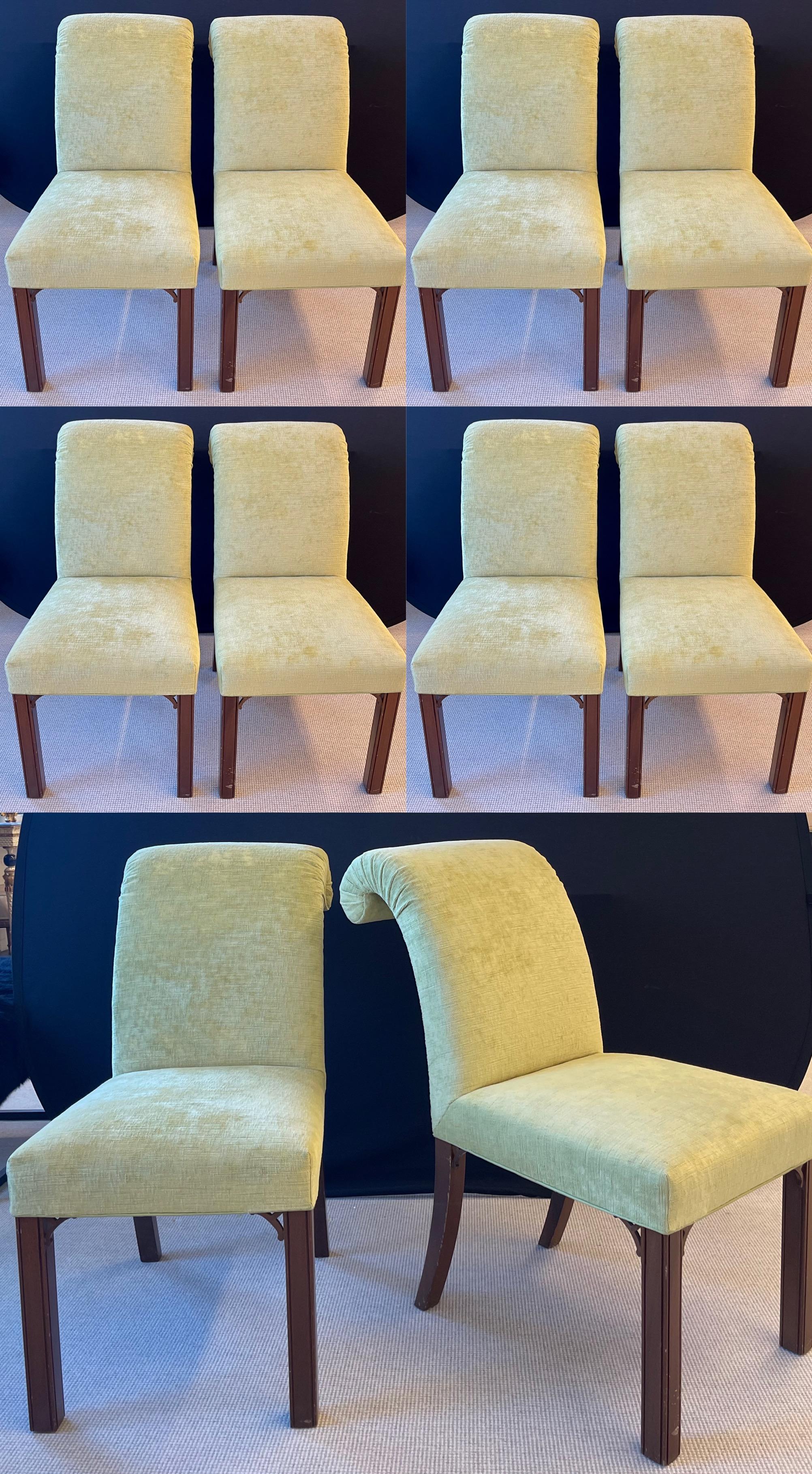 A set of 10 Schneller & Sons Chinese Chippendale sleigh back dining chairs in a very lovely yellow fabric. Strong and sturdy sleek and stylish are these finely custom made dining chairs. Can purchase as many as are needed. 

The provenance of this