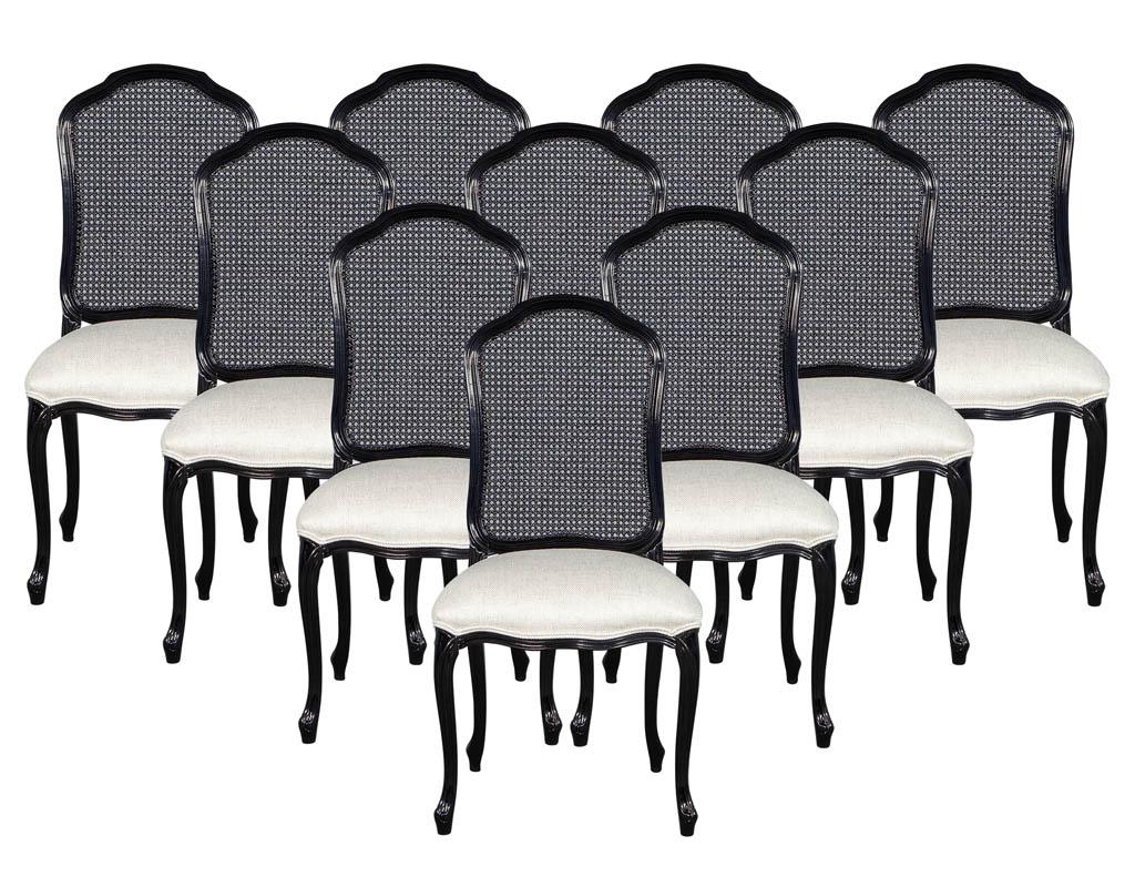 Set of 10 Sculpted Italian Louis XV Style Cane Back Dining Chairs in Black