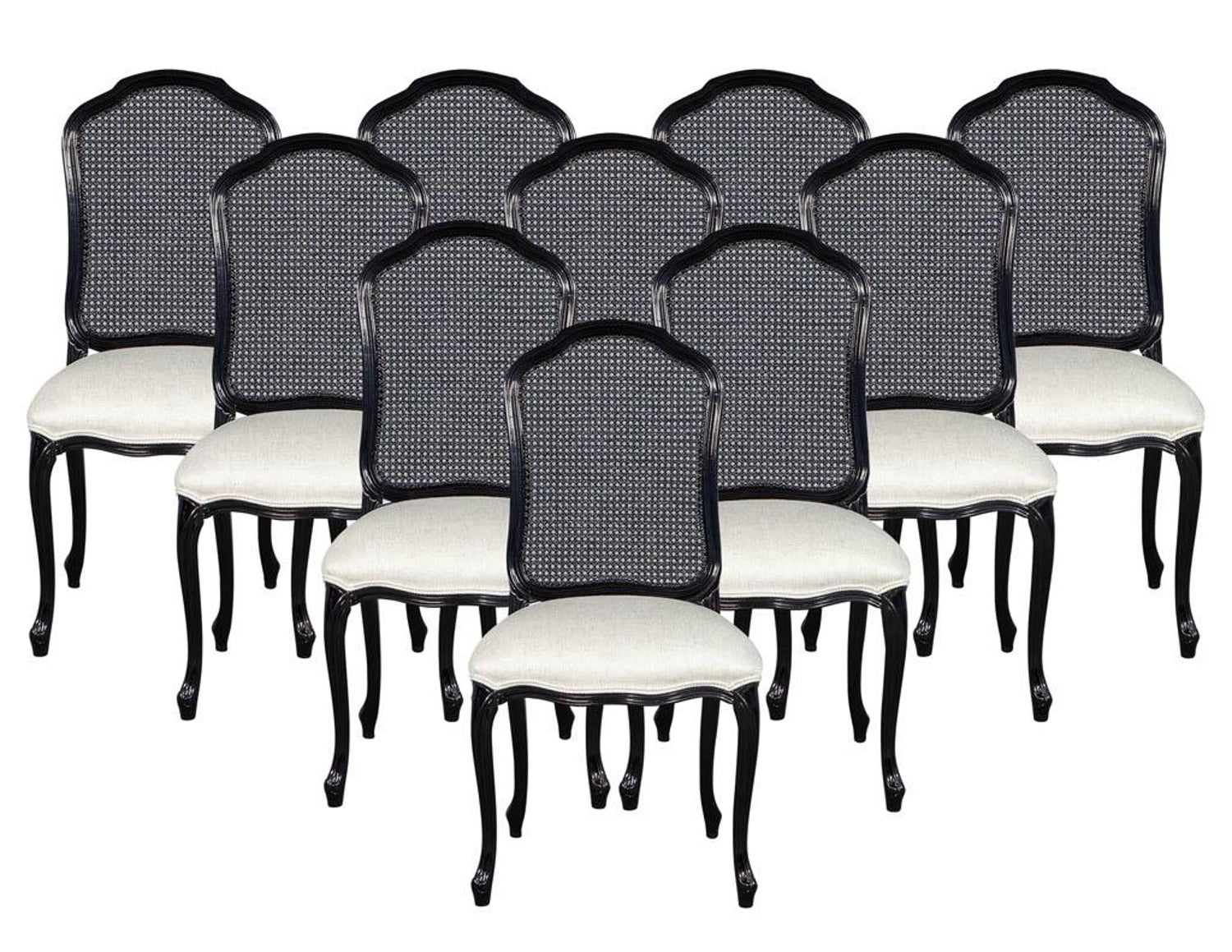 Set Of 10 Sculpted Italian Louis Xv Style Cane Back Dining Chairs In Black For Sale At 1stdibs