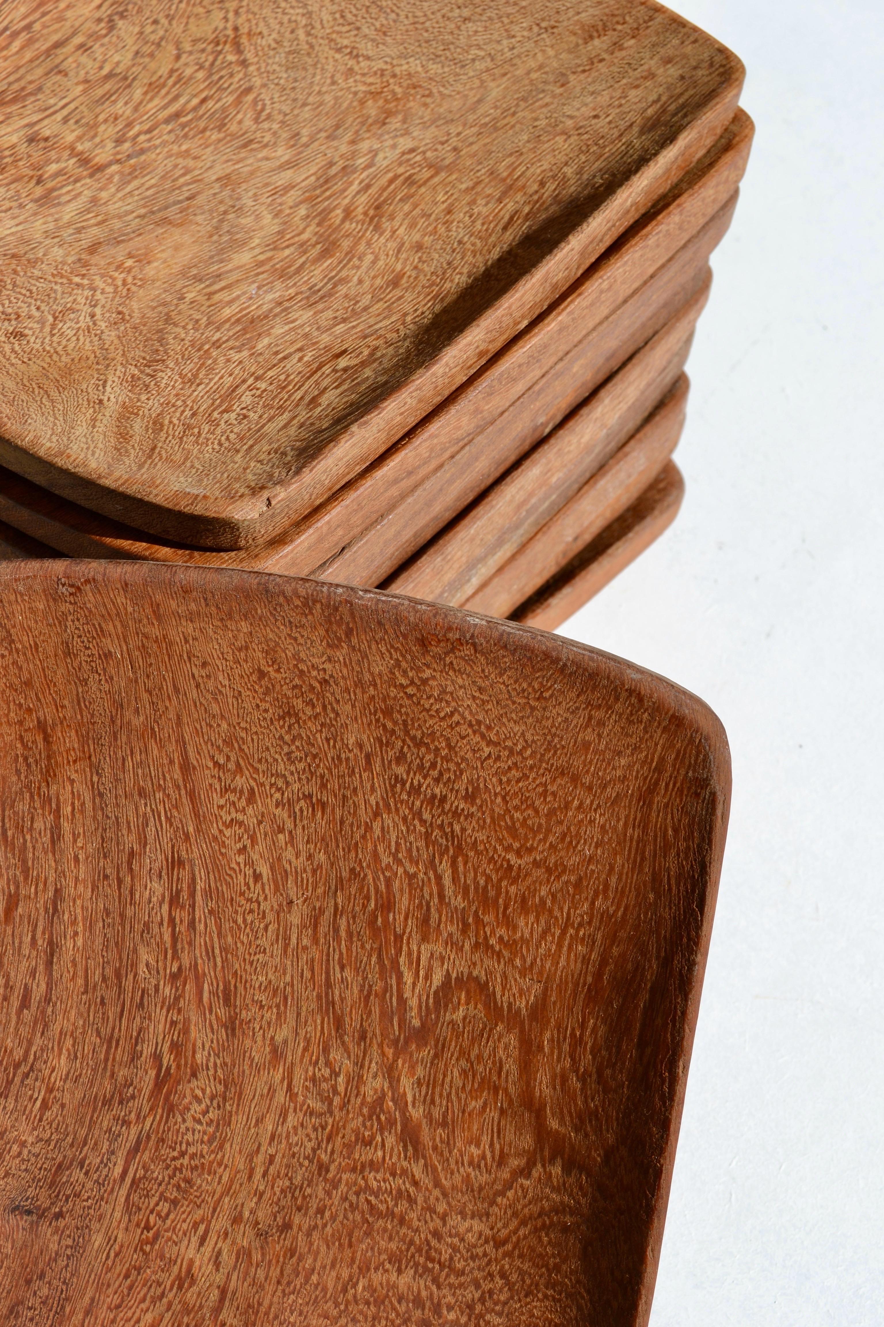 20th Century Set of 10 Sculpted Palmwood Square Plates with Serving Dish, 1970s For Sale
