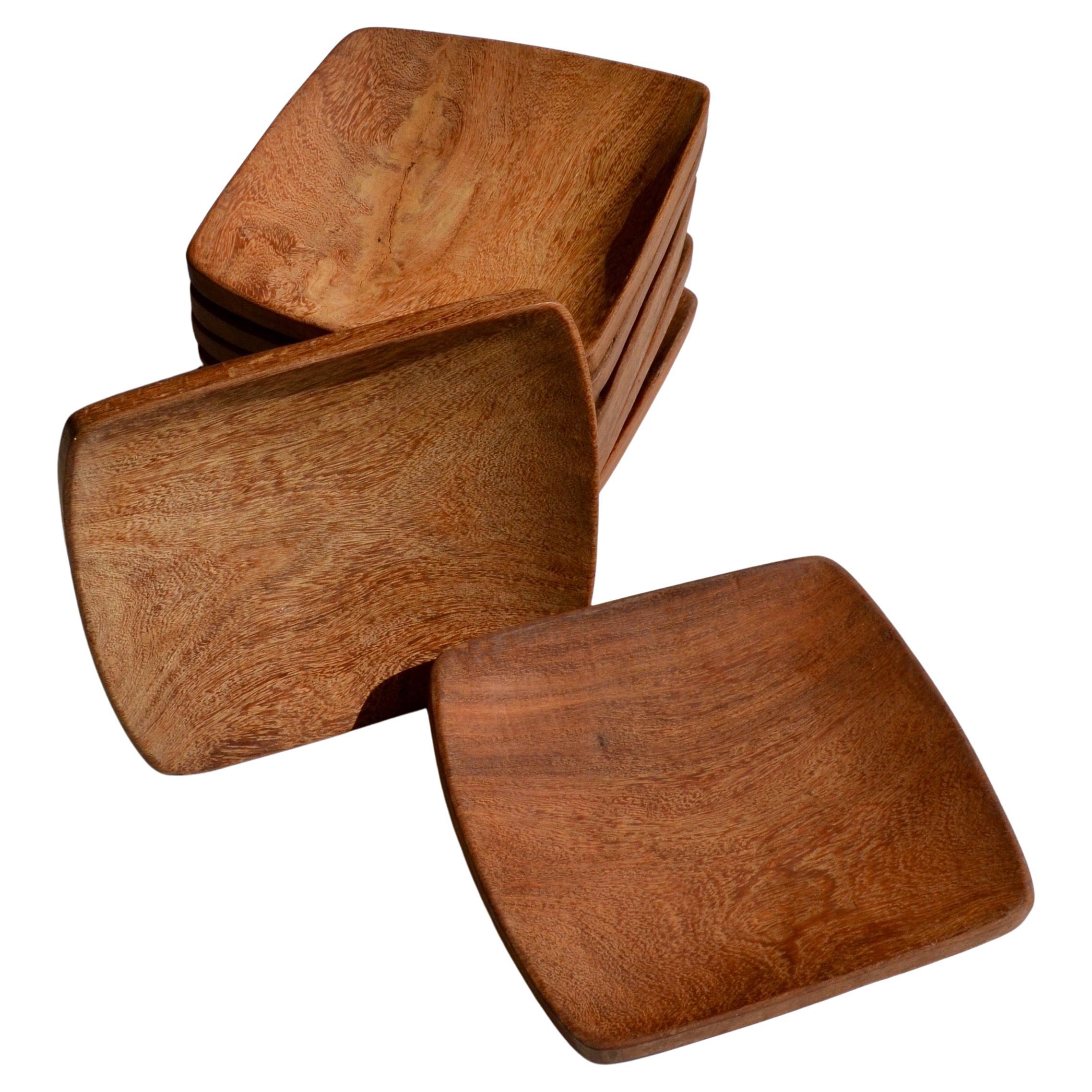 Set of 10 Sculpted Palmwood Square Plates with Serving Dish, 1970s For Sale