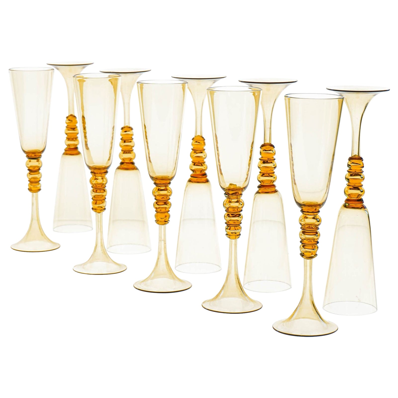 Set of 10 Signed Murano Cenedese Flutes. Unique fume color. Mid-century.
