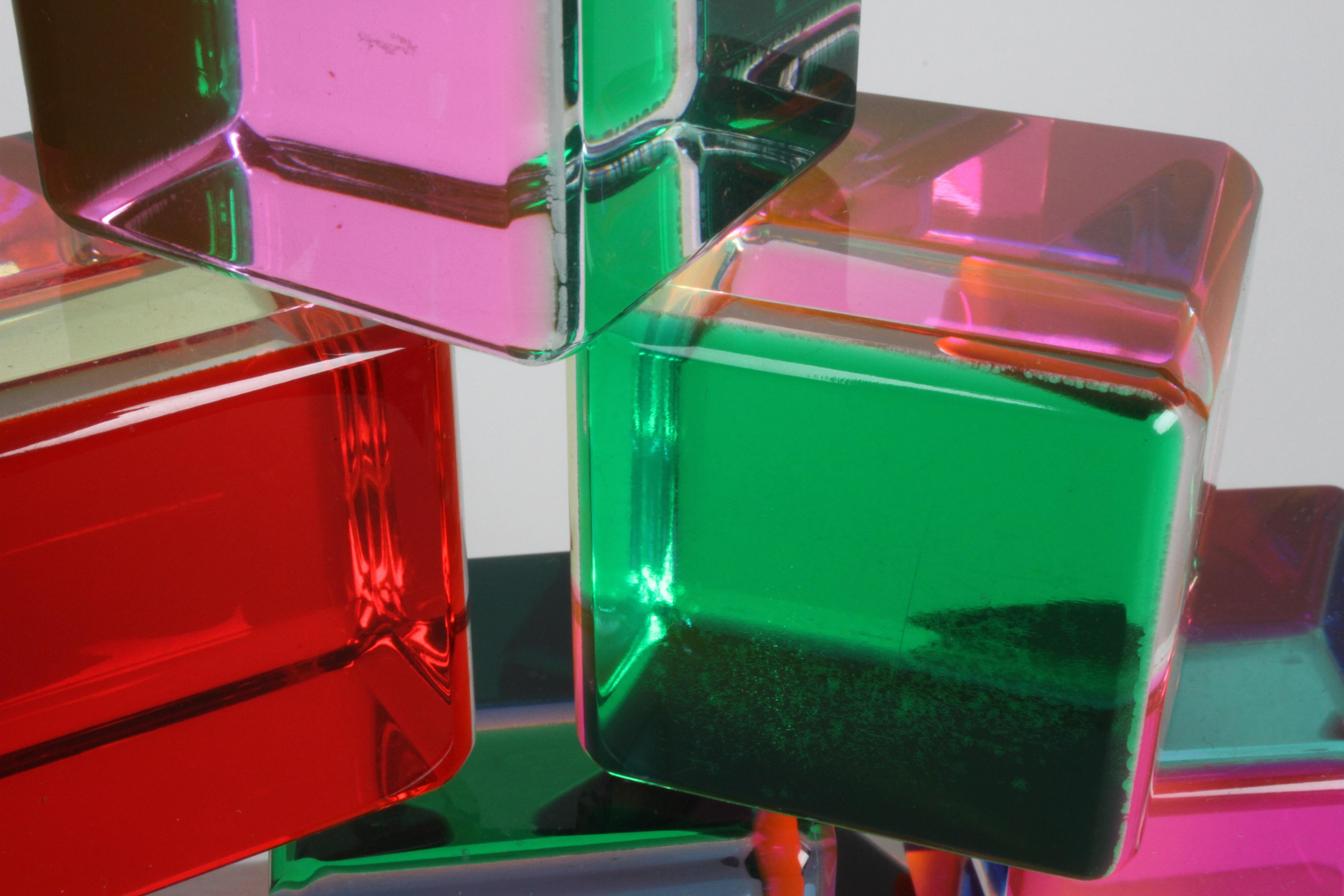 Set of 10 Signed Vasa Mihich Lucite Laminated Op-Art Cube Sculptures Dated 1989 4