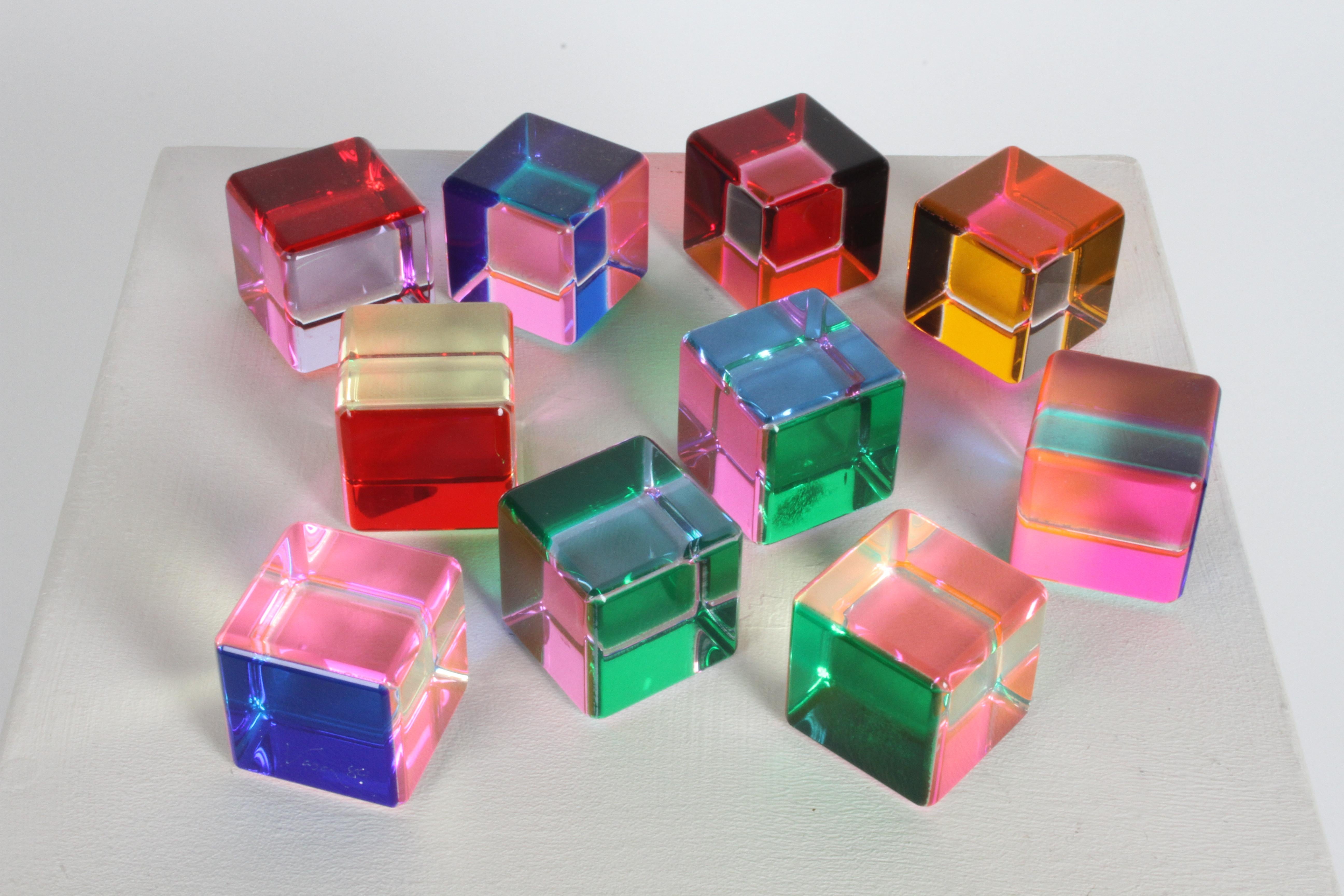 Set of 10 Signed Vasa Mihich Lucite Laminated Op-Art Cube Sculptures Dated 1989 7