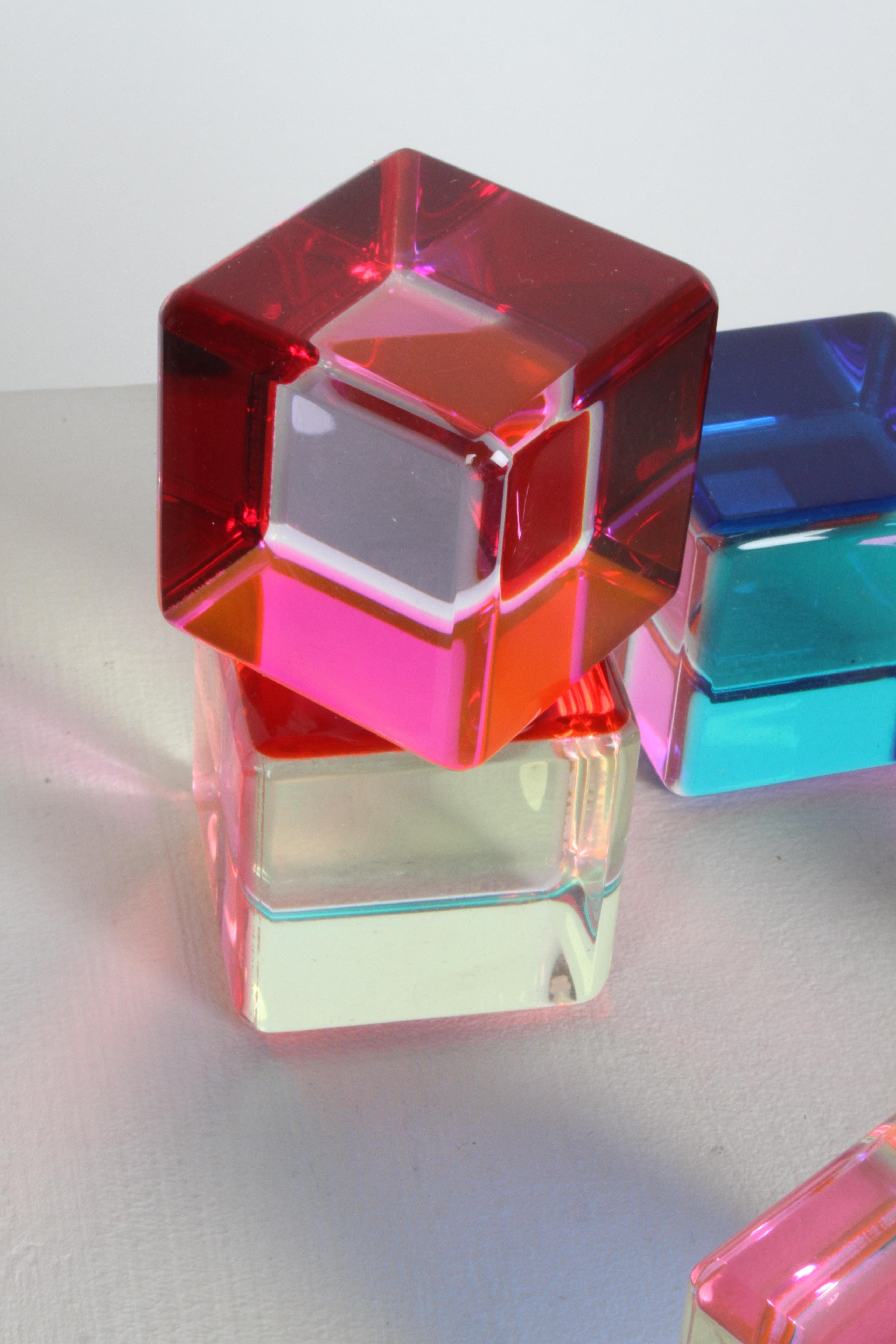 Set of 10 Signed Vasa Mihich Lucite Laminated Op-Art Cube Sculptures Dated 1989 8