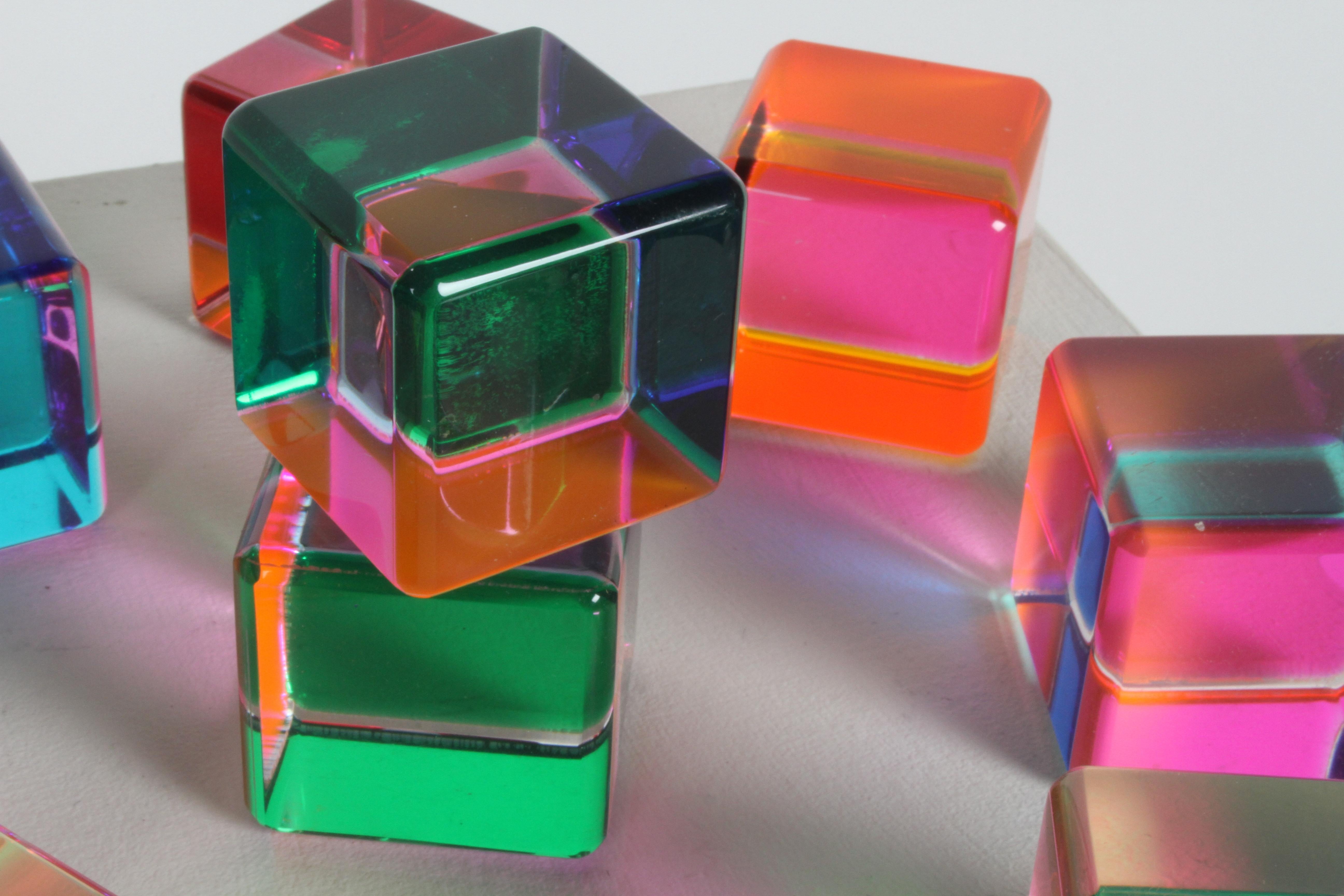 Set of 10 Signed Vasa Mihich Lucite Laminated Op-Art Cube Sculptures Dated 1989 9