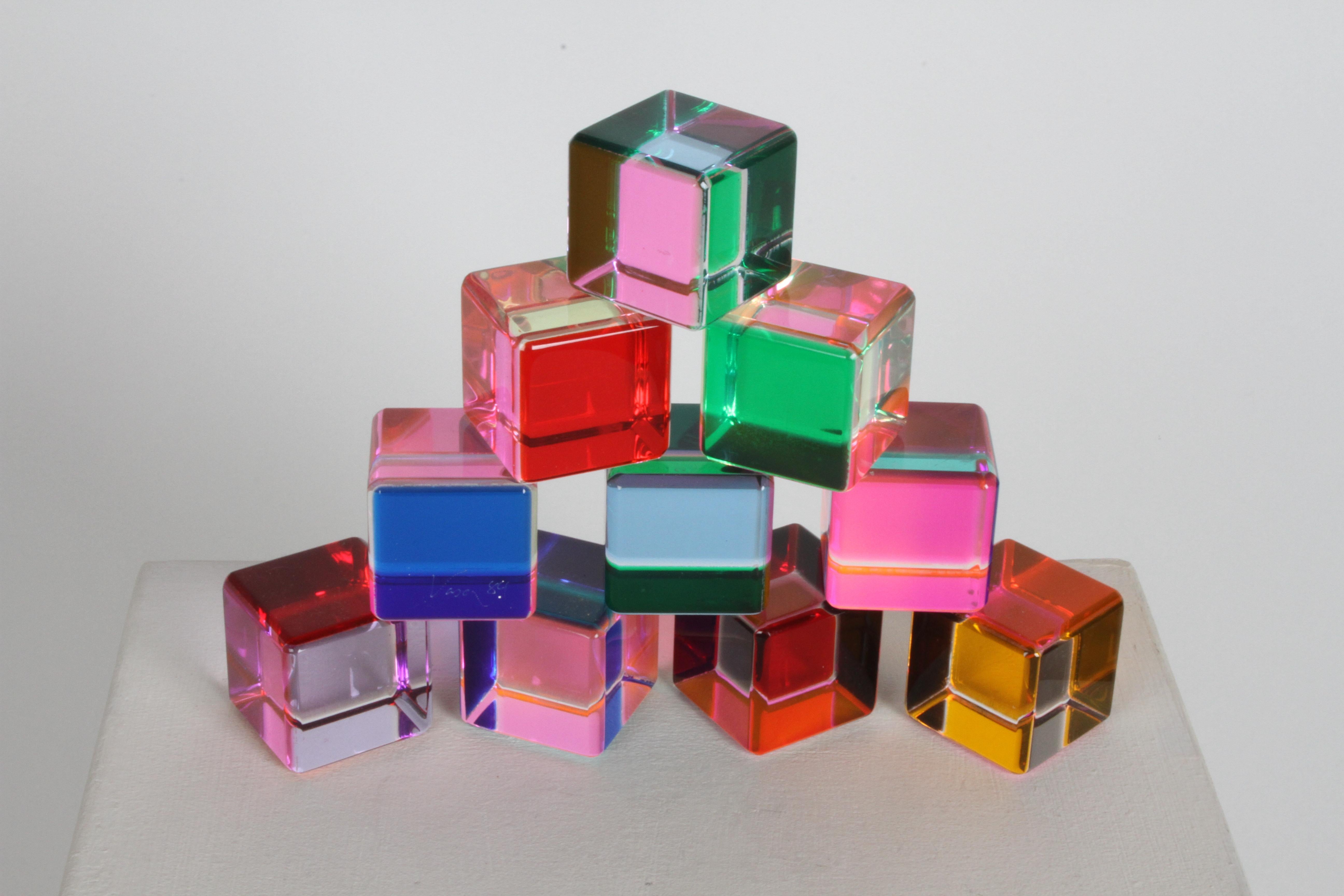 Mid-Century Modern Set of 10 Signed Vasa Mihich Lucite Laminated Op-Art Cube Sculptures Dated 1989