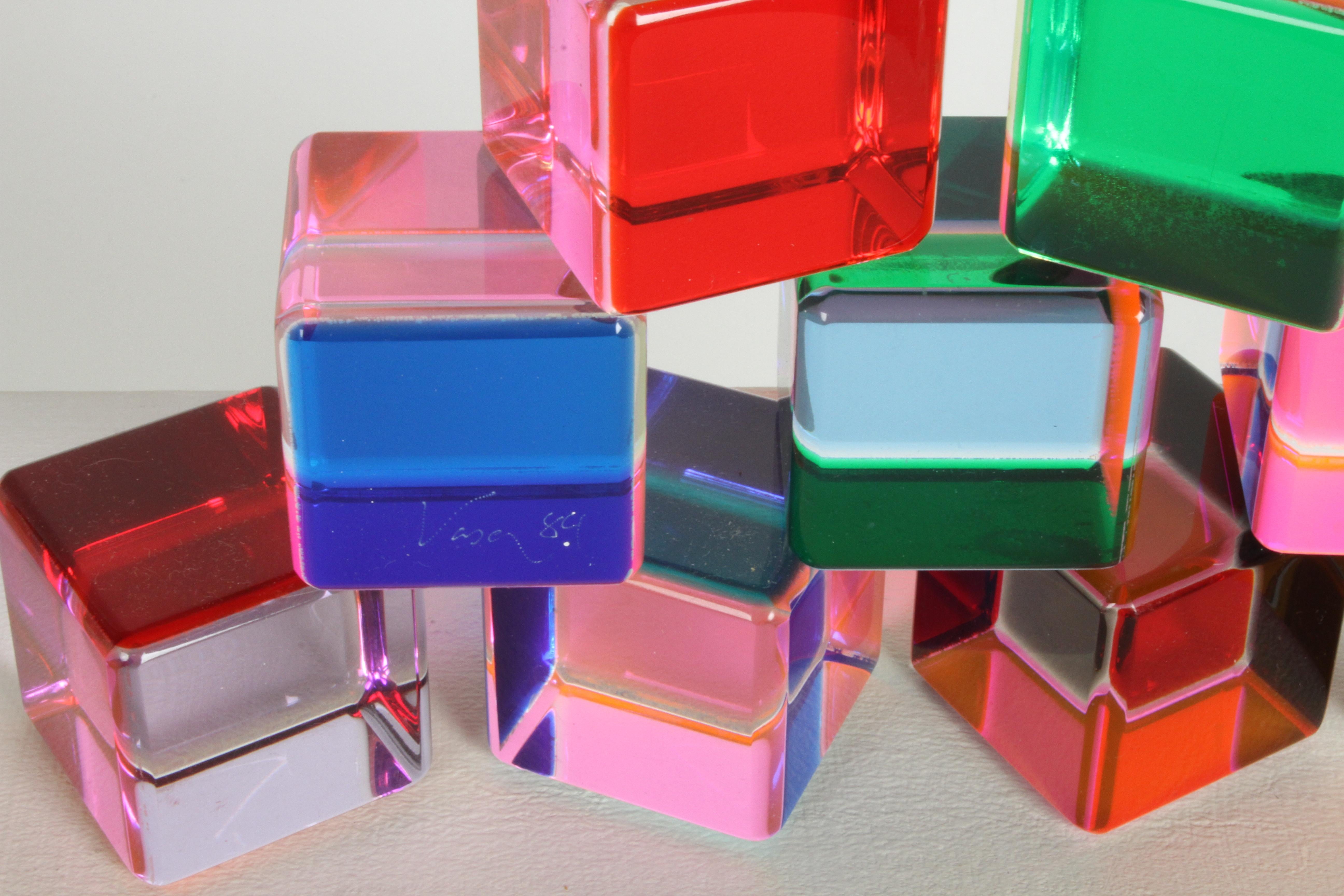 American Set of 10 Signed Vasa Mihich Lucite Laminated Op-Art Cube Sculptures Dated 1989