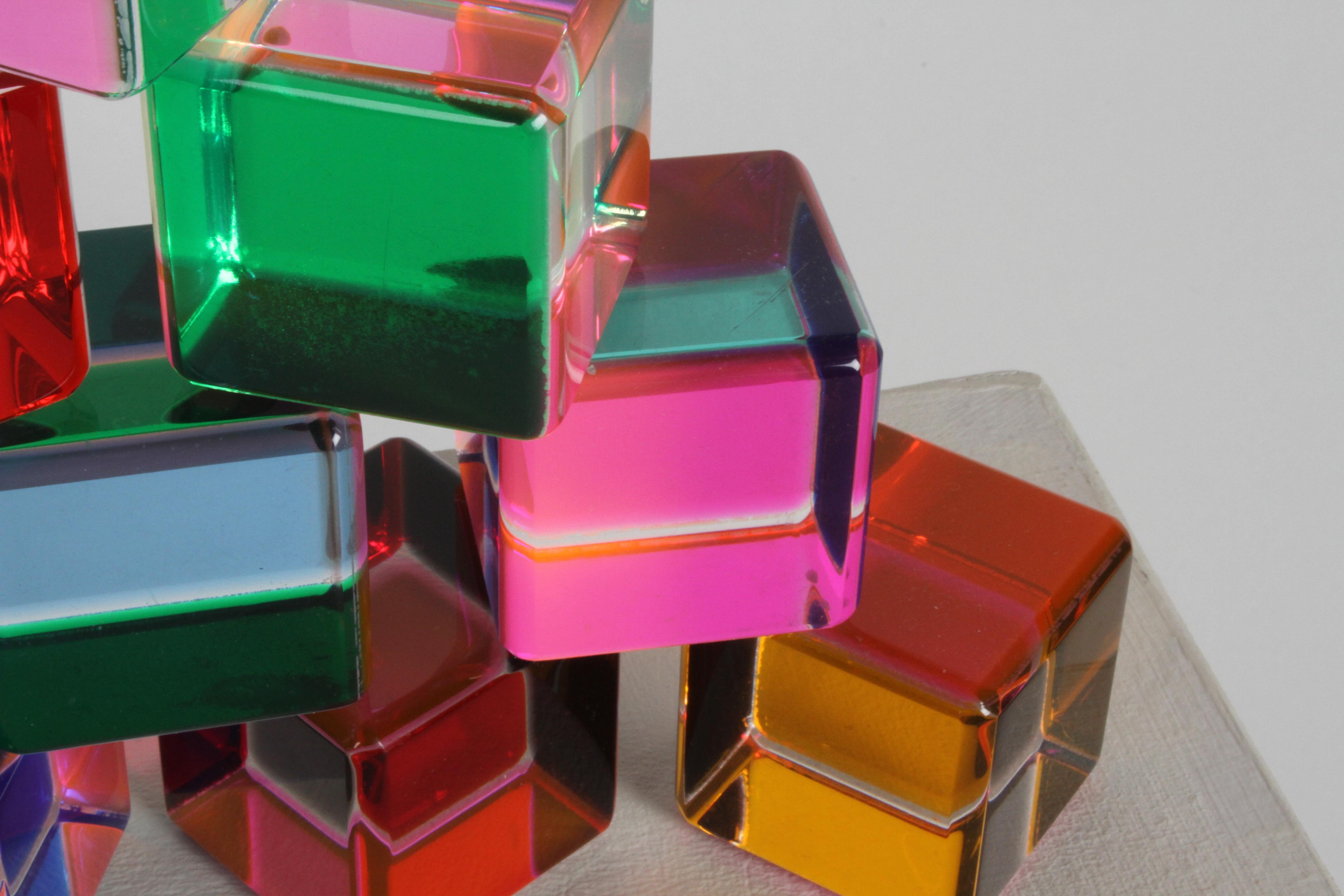 Set of 10 Signed Vasa Mihich Lucite Laminated Op-Art Cube Sculptures Dated 1989 In Good Condition In St. Louis, MO